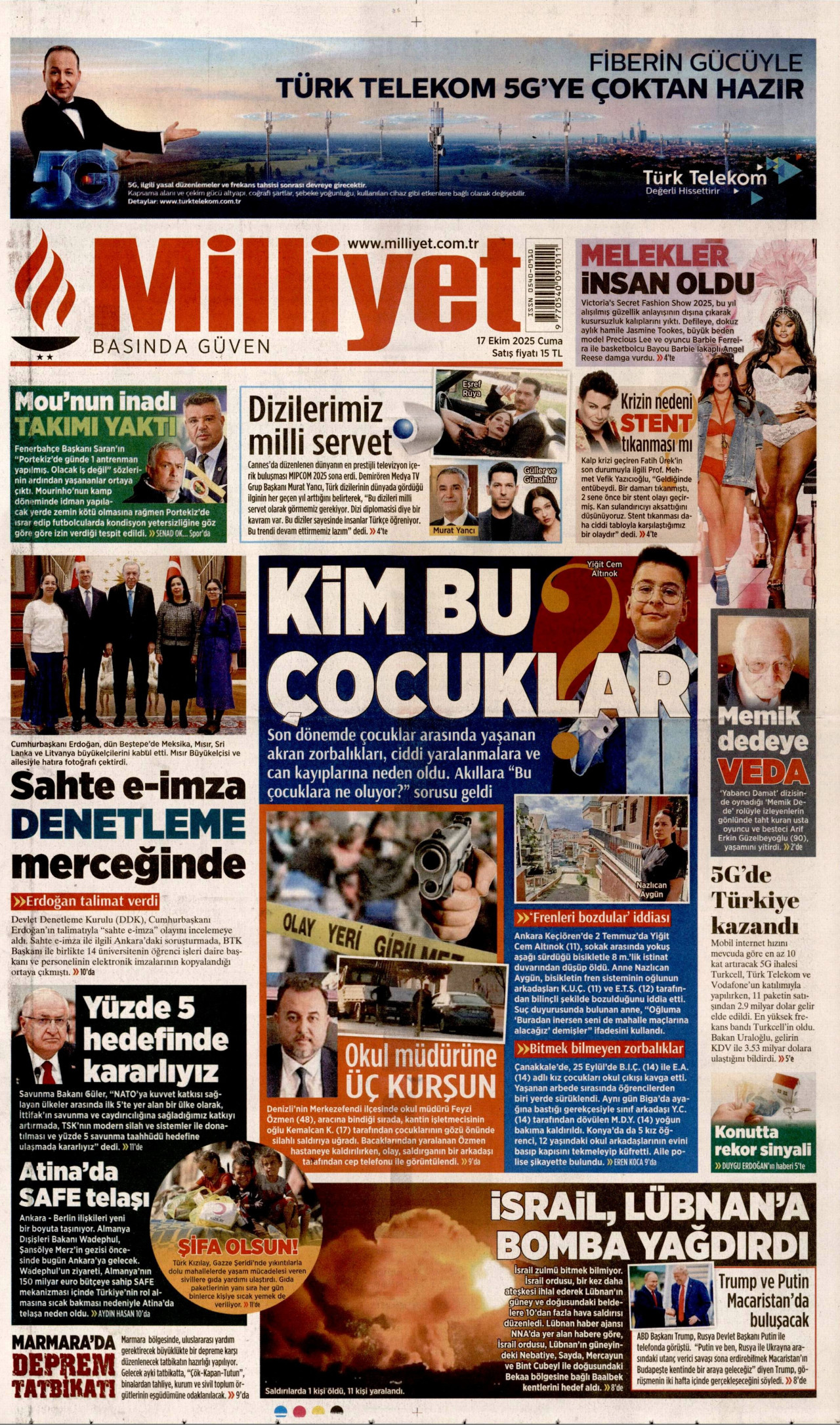 MİLLİYET gazetesinin 17 Ekim 2025 tarihli birinci sayfası