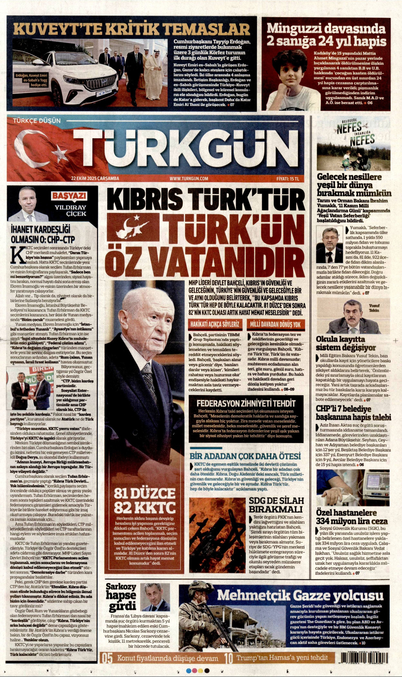 TÜRKGÜN gazetesinin 22 Ekim 2025 tarihli birinci sayfası