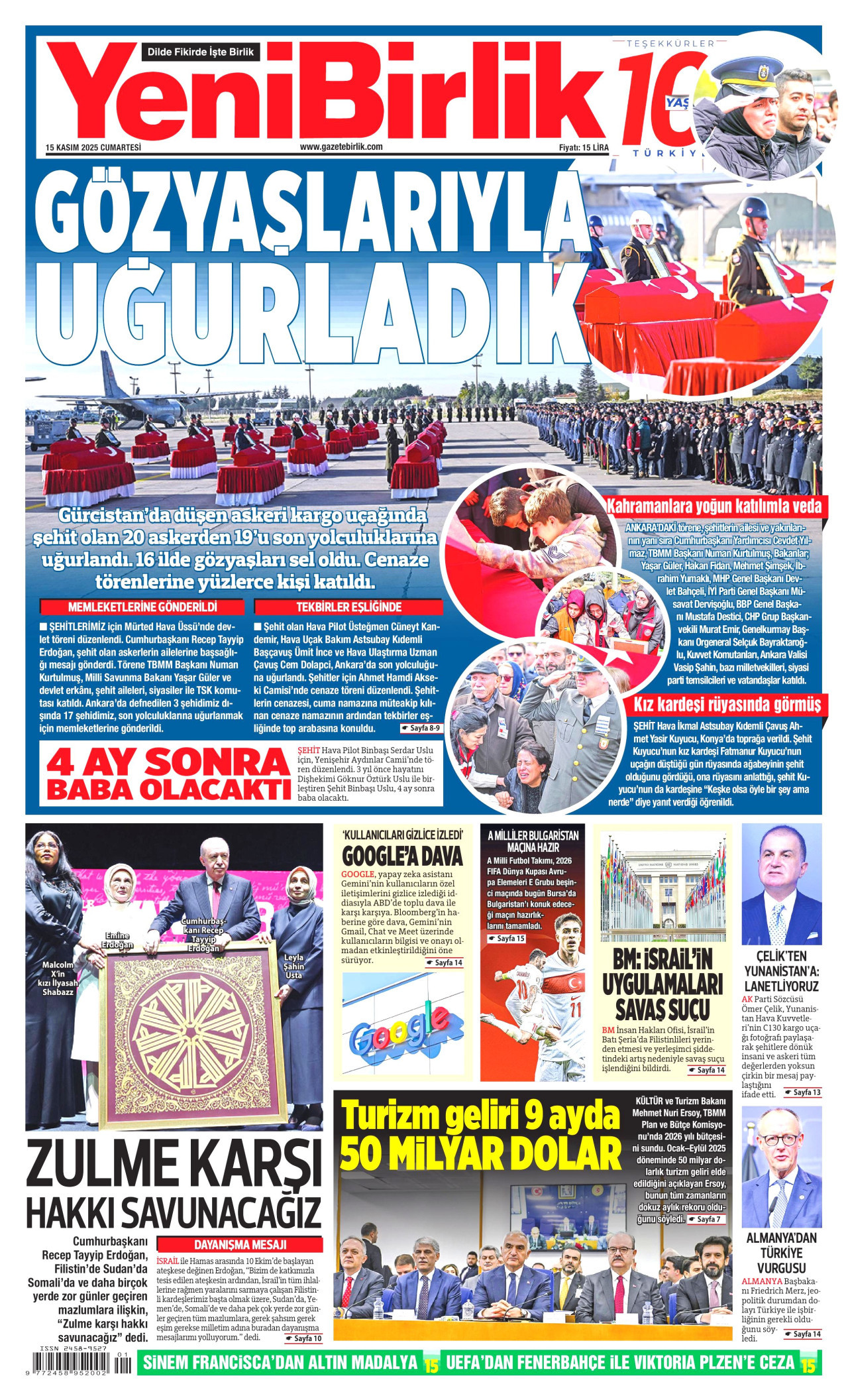 YENİBİRLİK gazetesinin 15 Kasım 2025 tarihli birinci sayfası