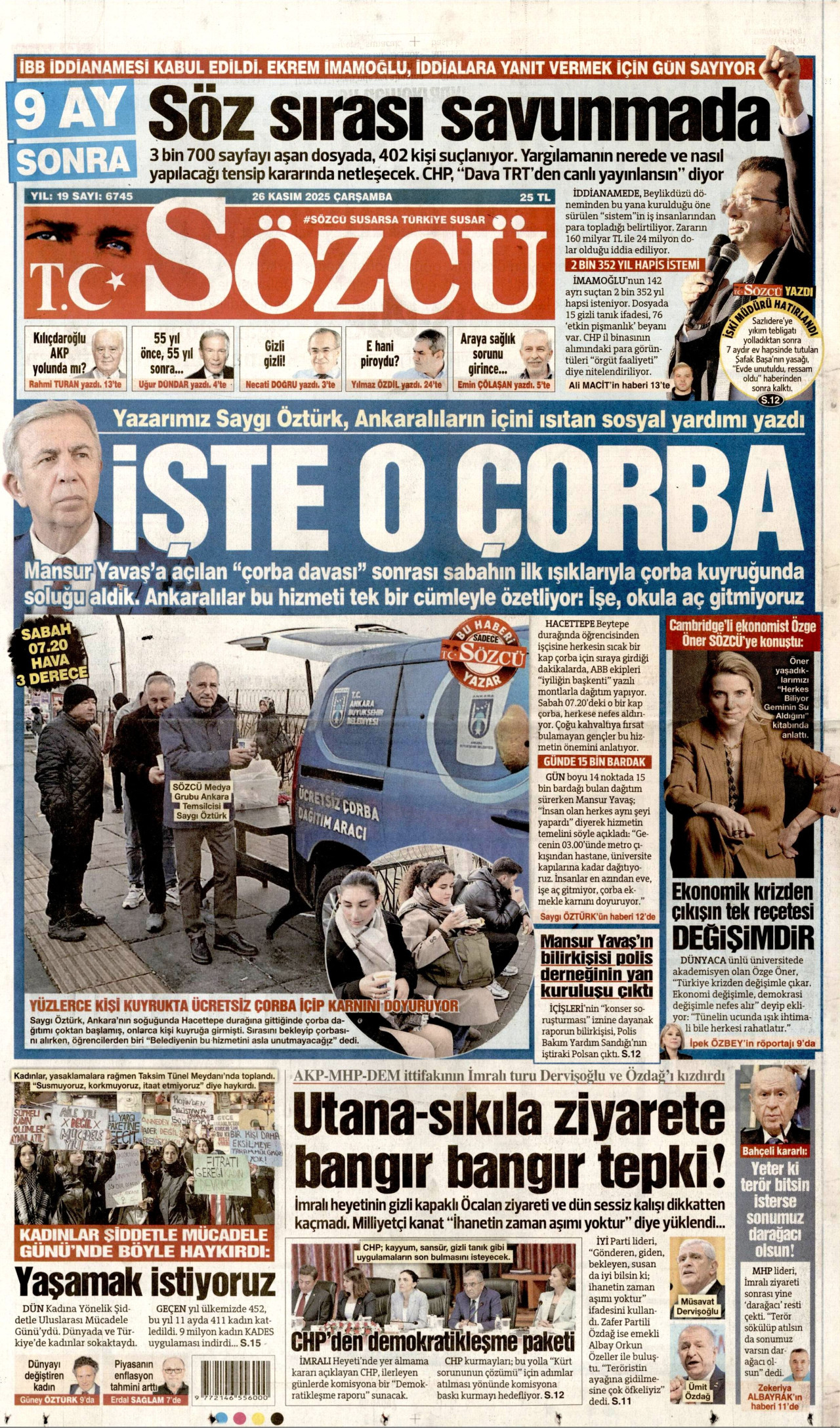 SÖZCÜ gazetesinin 26 Kasım 2025 tarihli birinci sayfası