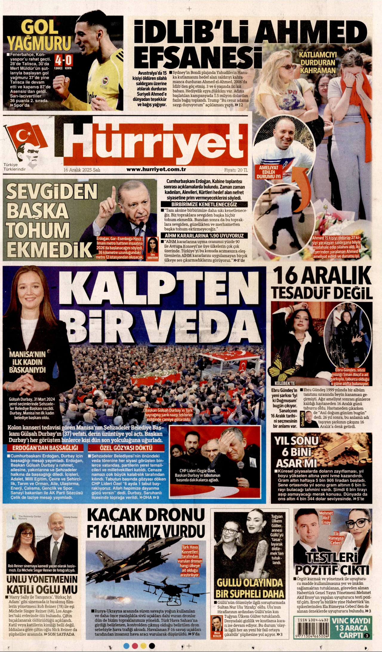 HÜRRİYET gazetesinin 16 Aralık 2025 tarihli birinci sayfası
