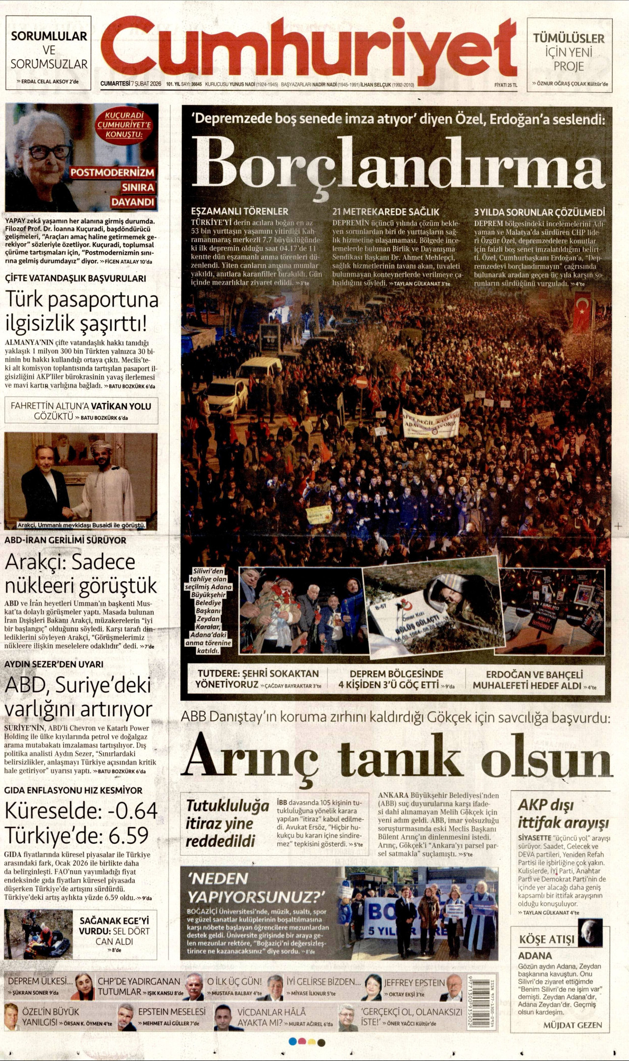 CUMHURİYET gazetesinin 7 Şubat 2026 tarihli birinci sayfası