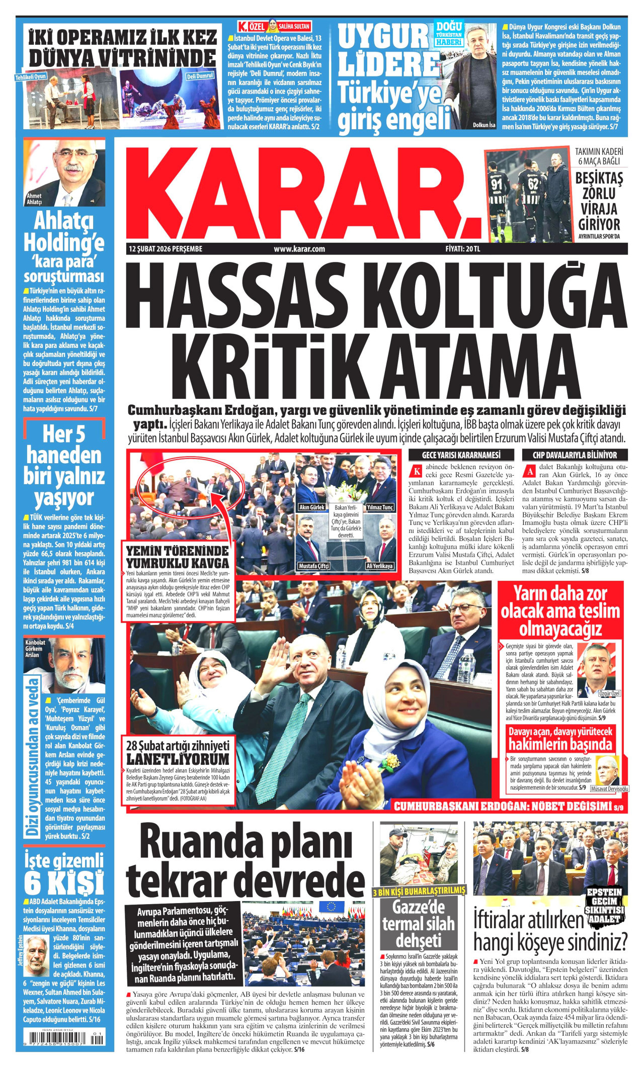 KARAR gazetesinin 12 Şubat 2026 tarihli birinci sayfası