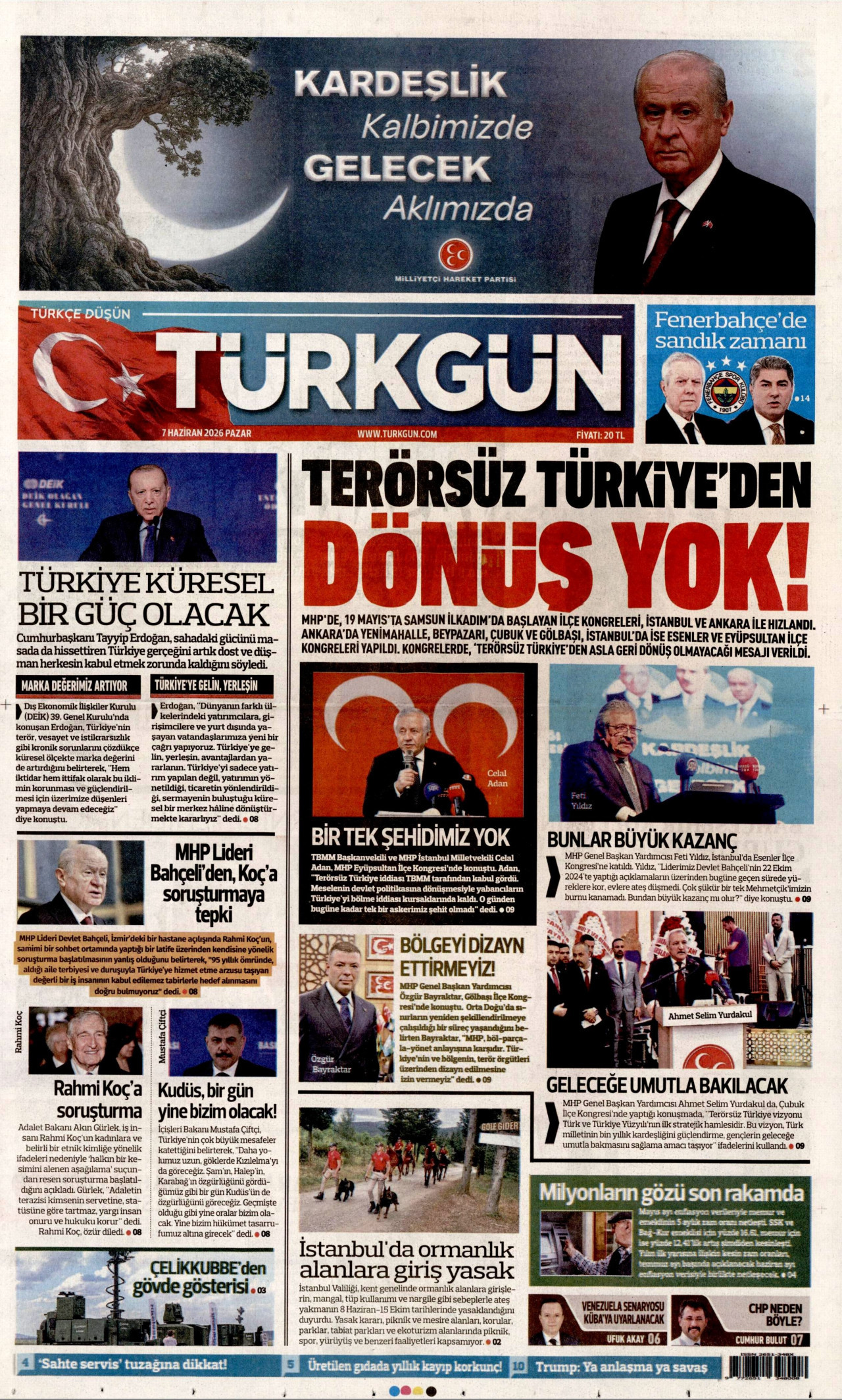 TÜRKGÜN gazetesinin 7 Haziran 2026 tarihli birinci sayfası