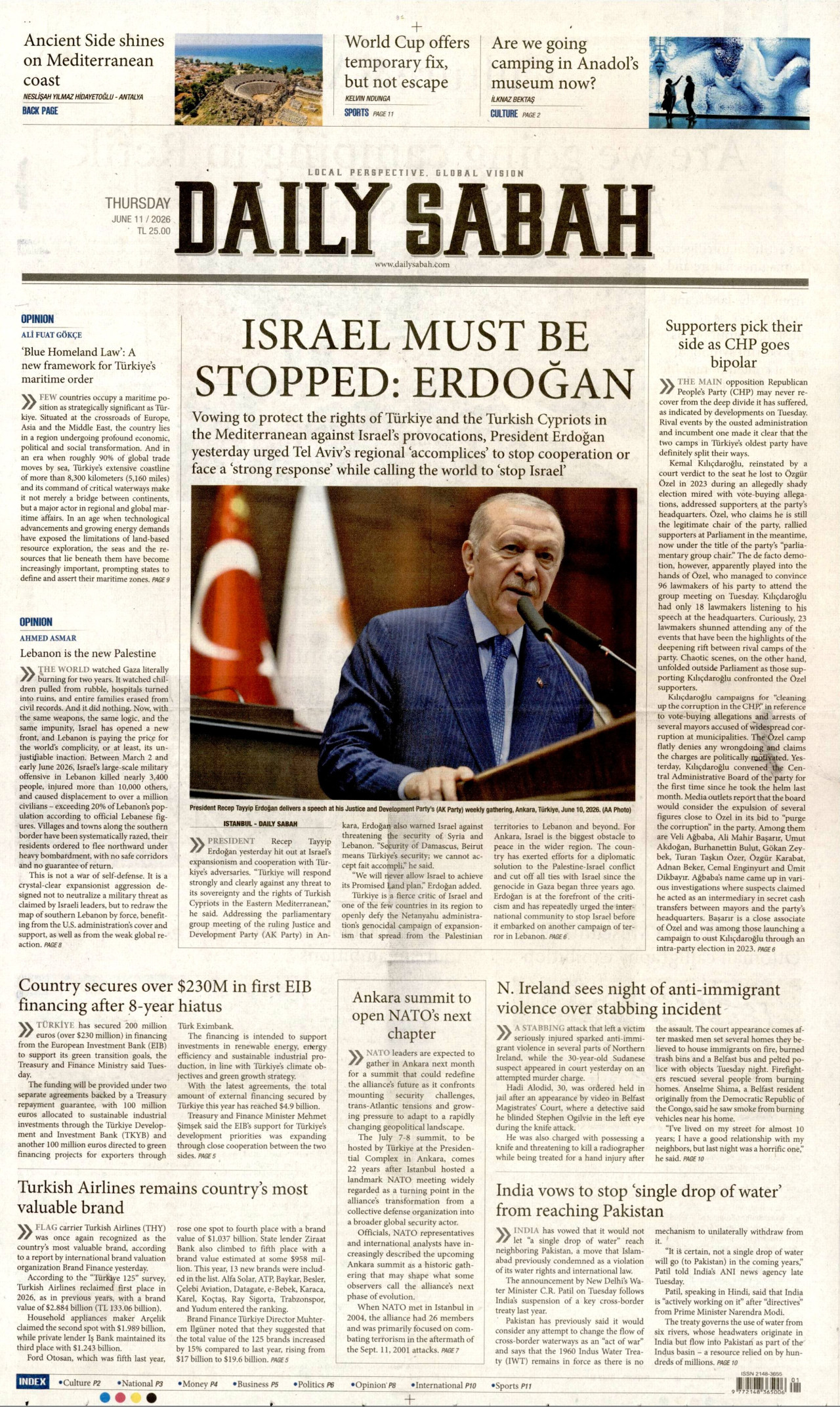 DAİLY SABAH gazetesinin 11 Haziran 2026 tarihli birinci sayfası