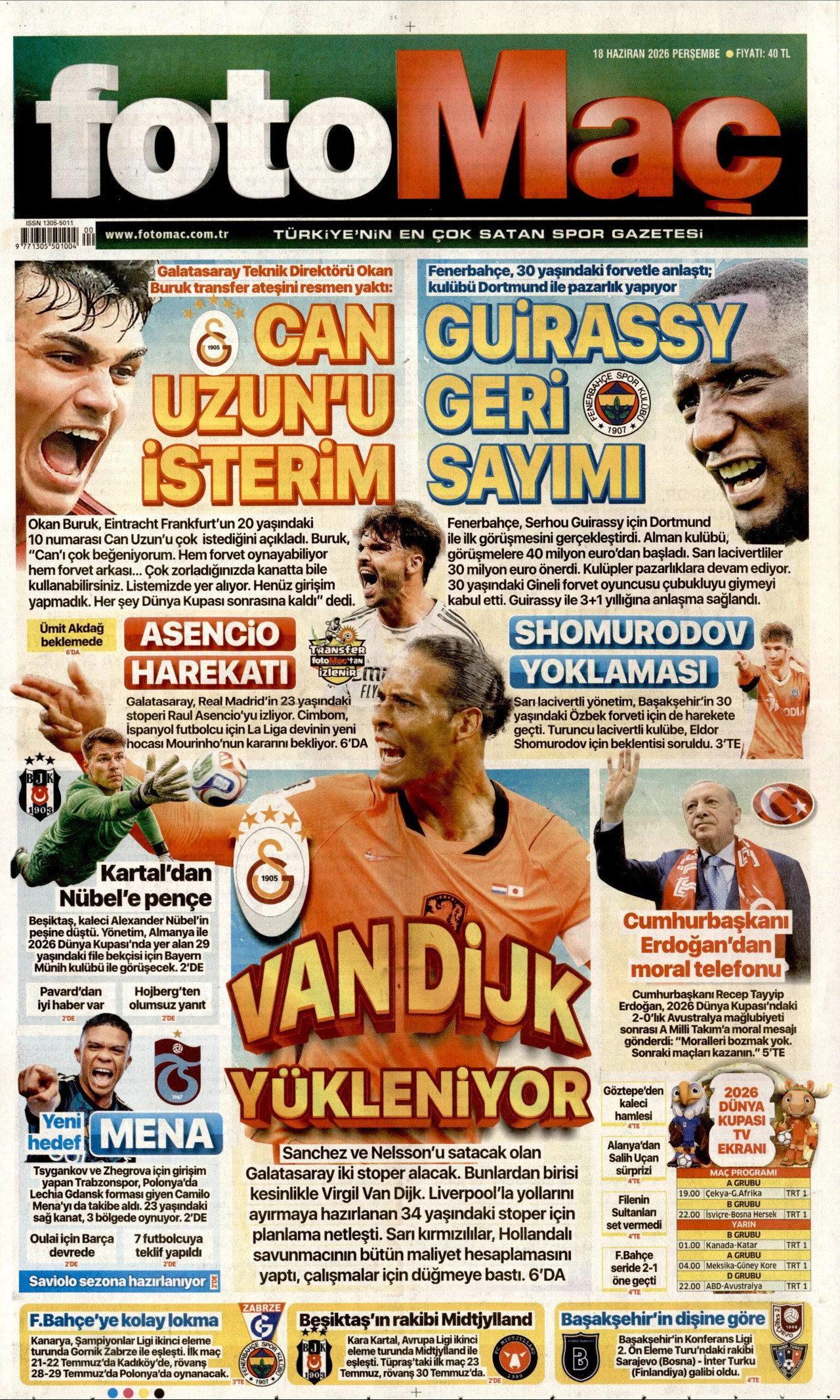 FOTOMAÇ gazetesinin 18 Haziran 2026 tarihli birinci sayfası