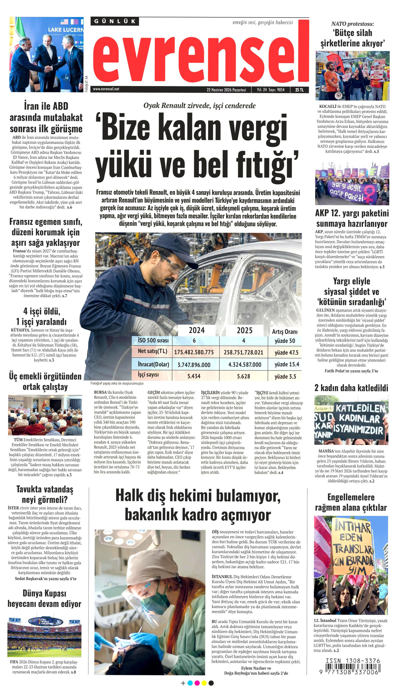 EVRENSEL gazetesinin 22 Haziran 2026 tarihli birinci sayfası