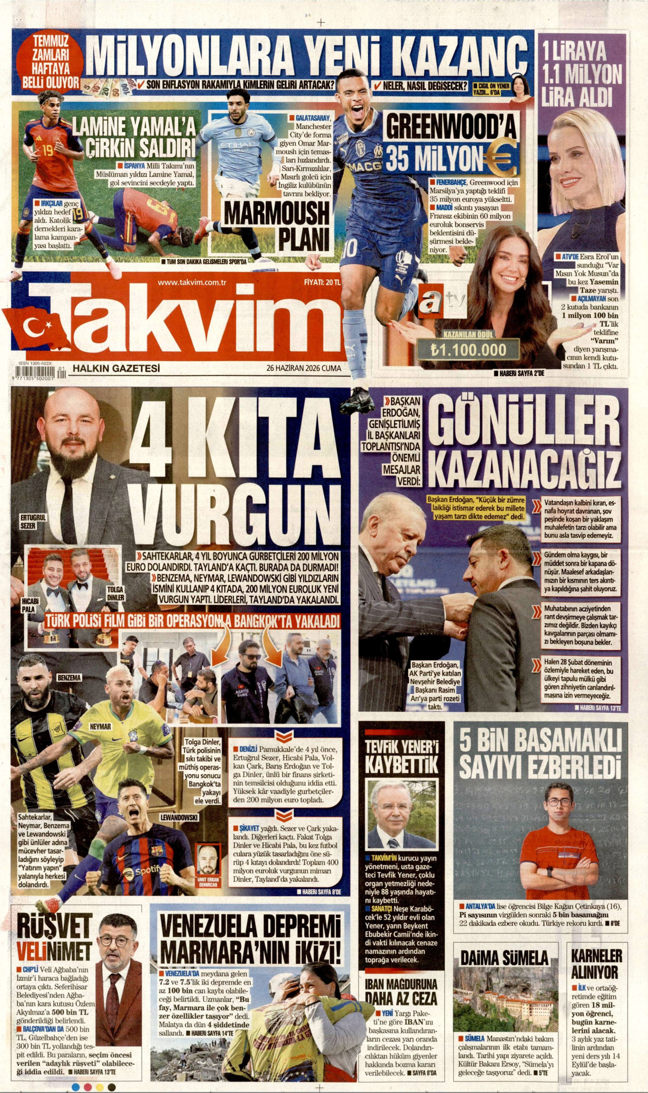 TAKVİM gazetesinin 26 Haziran 2026 tarihli birinci sayfası