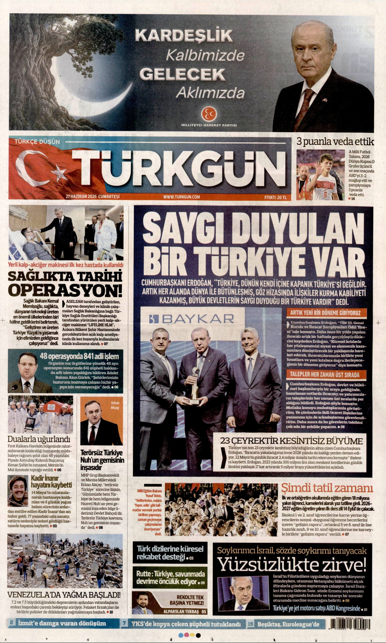 TÜRKGÜN gazetesinin 27 Haziran 2026 tarihli birinci sayfası