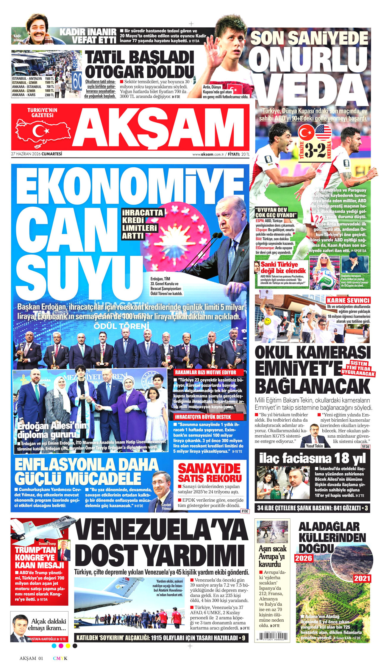 AKŞAM gazetesinin 27 Haziran 2026 tarihli birinci sayfası