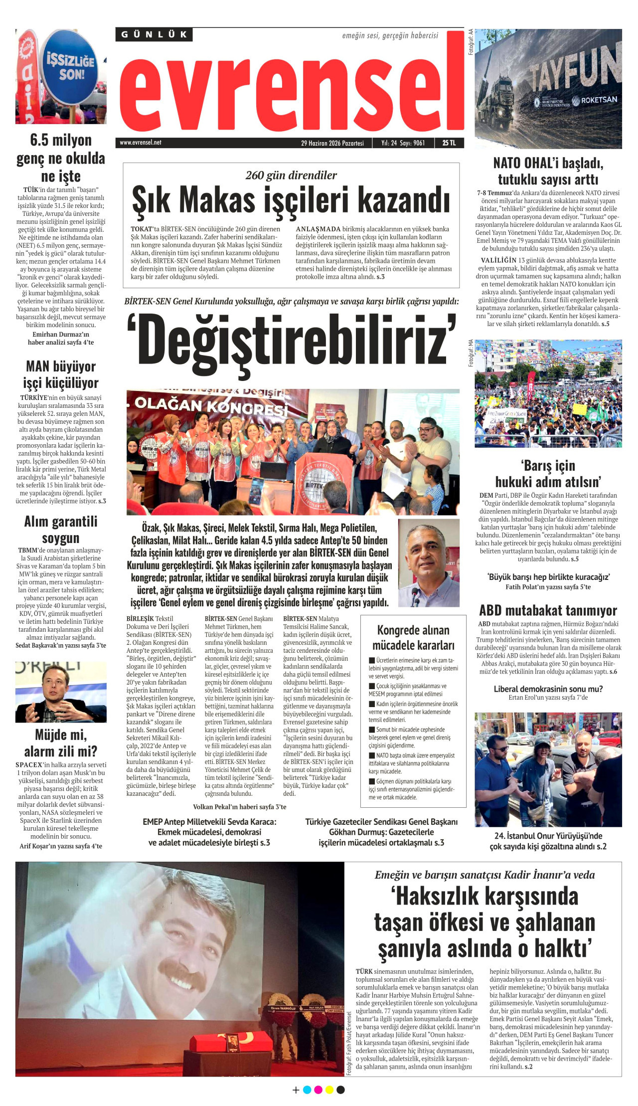 EVRENSEL gazetesinin 29 Haziran 2026 tarihli birinci sayfası
