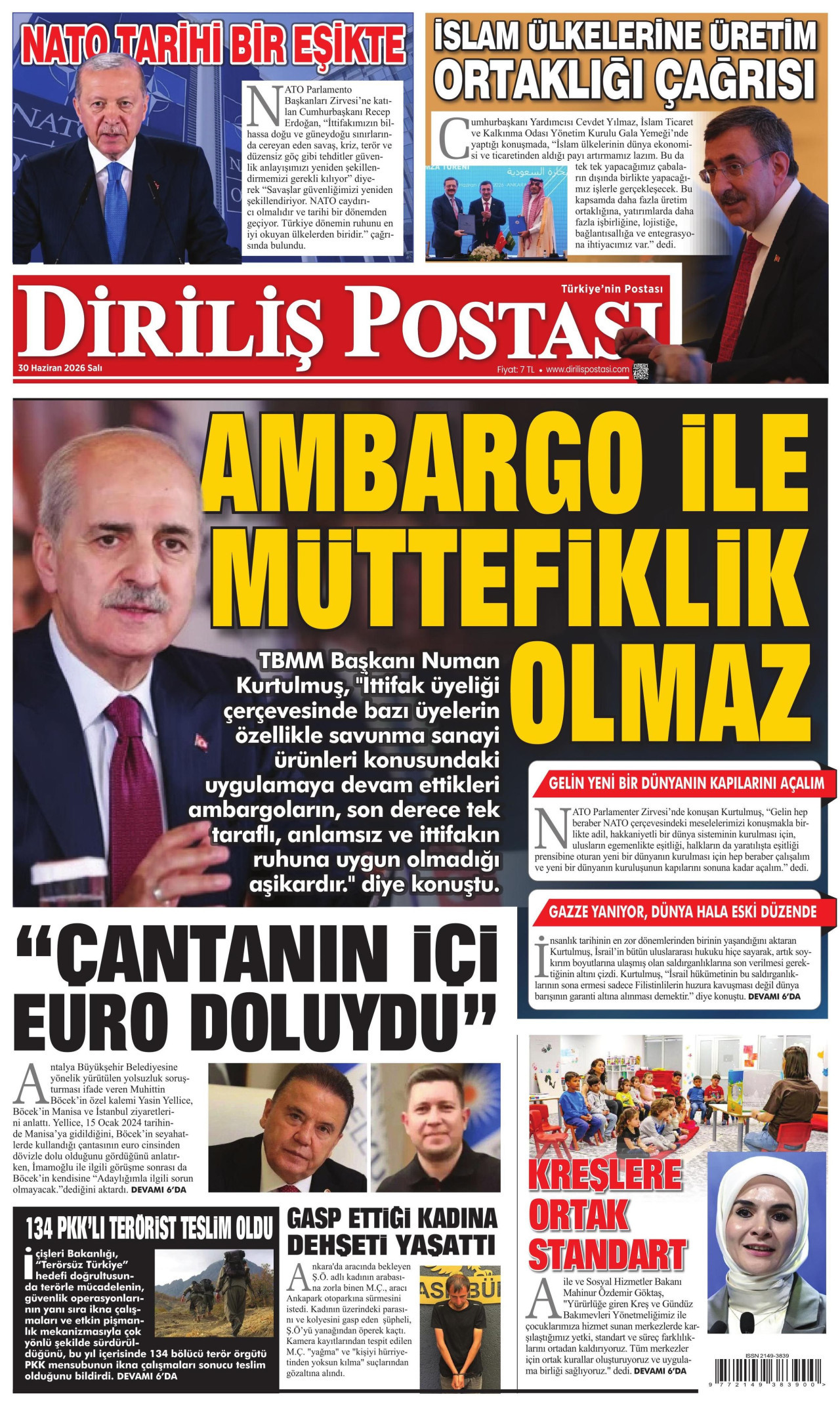 DİRİLİŞ POSTASI gazetesinin 30 Haziran 2026 tarihli birinci sayfası