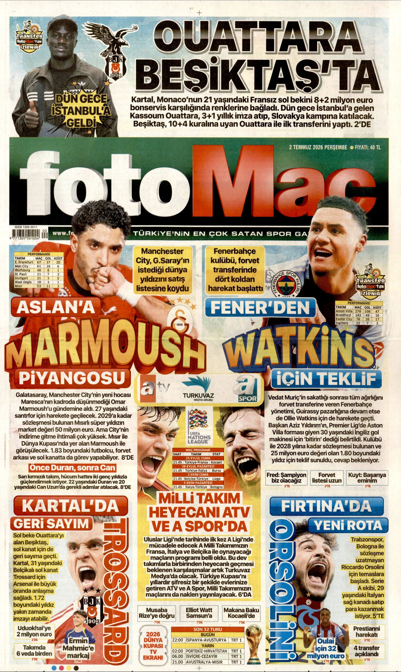 FOTOMAÇ gazetesinin 2 Temmuz 2026 tarihli birinci sayfası