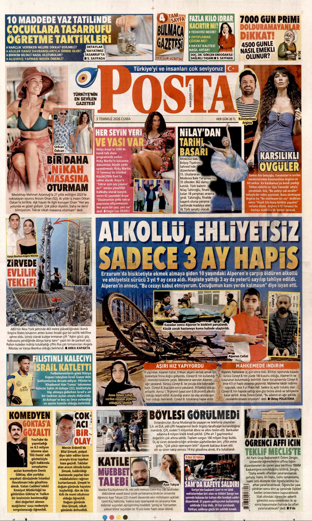 POSTA gazetesinin 3 Temmuz 2026 tarihli birinci sayfası
