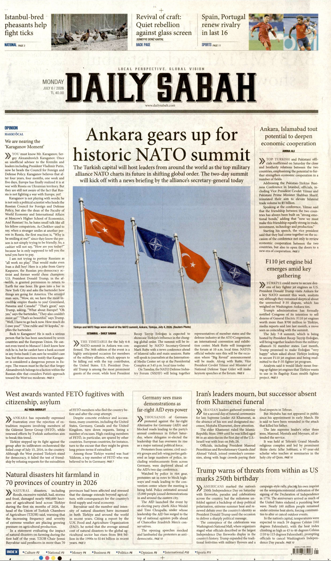 DAİLY SABAH gazetesinin 6 Temmuz 2026 tarihli birinci sayfası