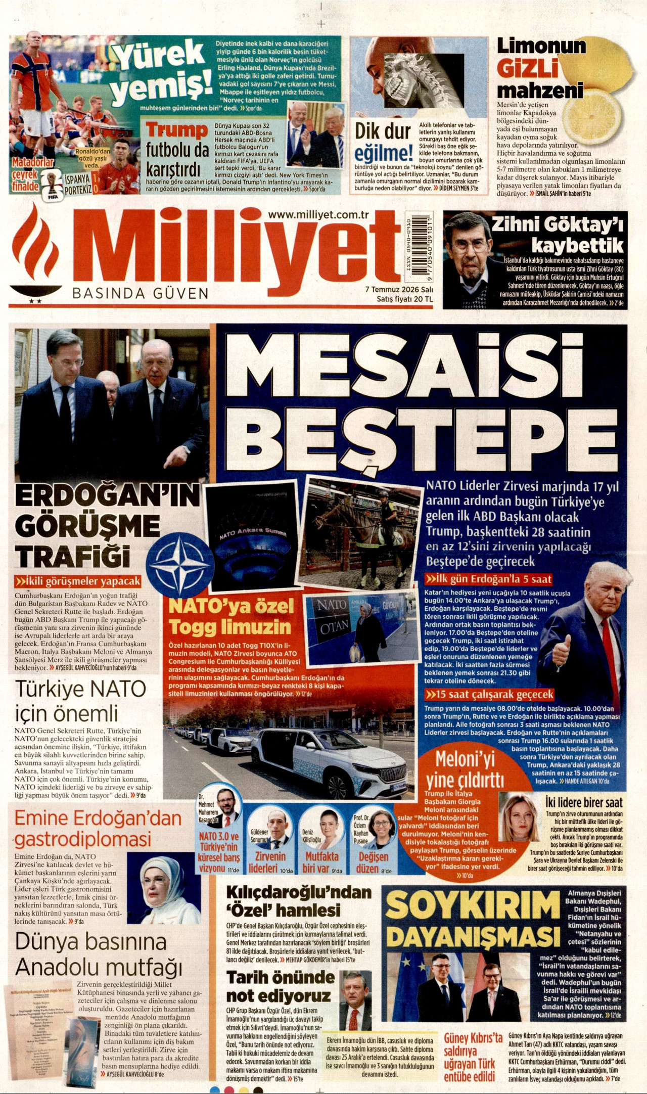 MİLLİYET gazetesinin 7 Temmuz 2026 tarihli birinci sayfası