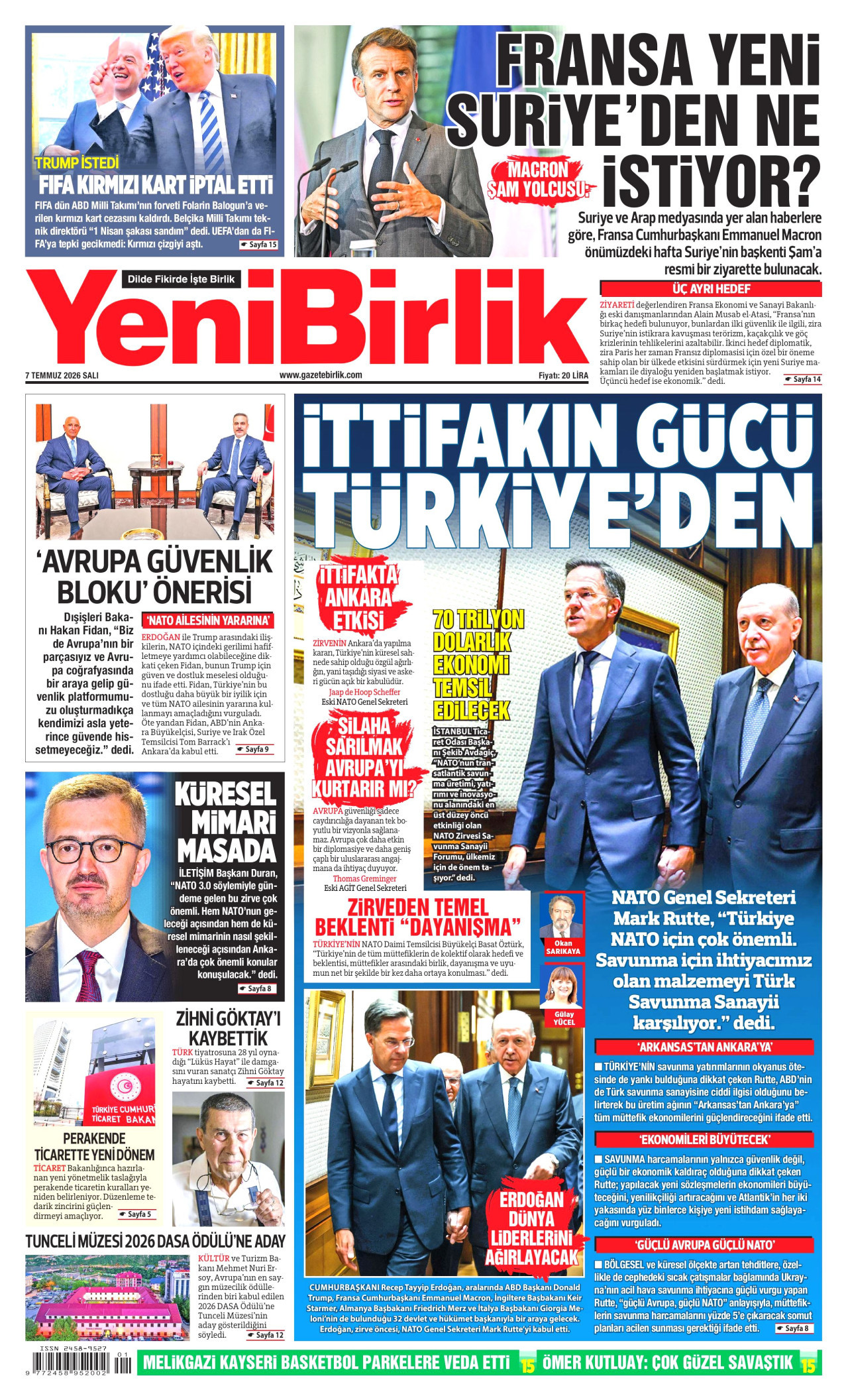 YENİBİRLİK gazetesinin 7 Temmuz 2026 tarihli birinci sayfası