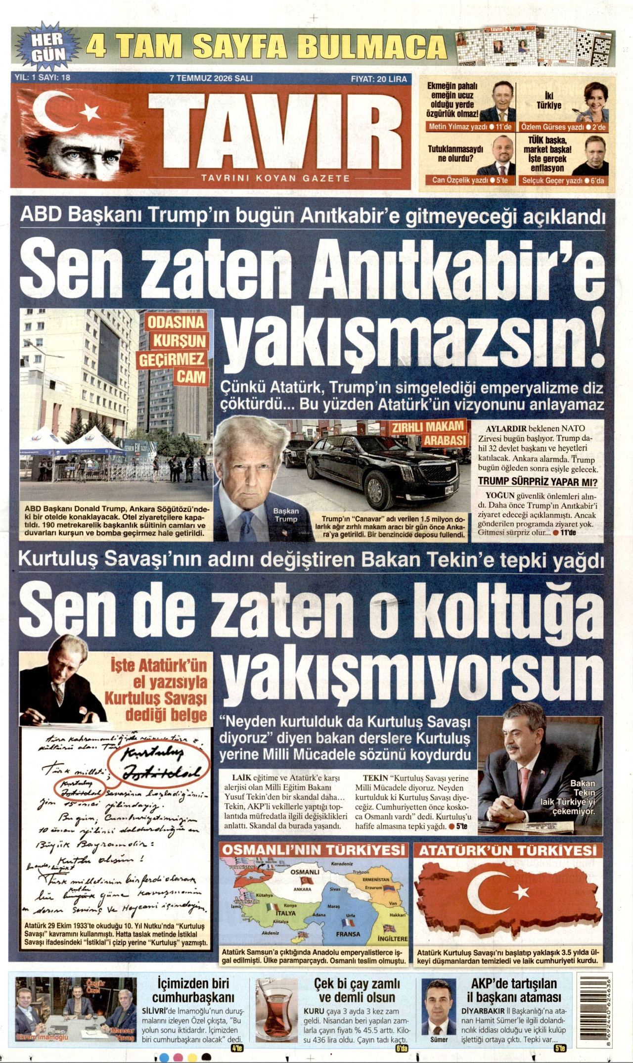 TAVIR GAZETESİ gazetesinin 7 Temmuz 2026 tarihli birinci sayfası