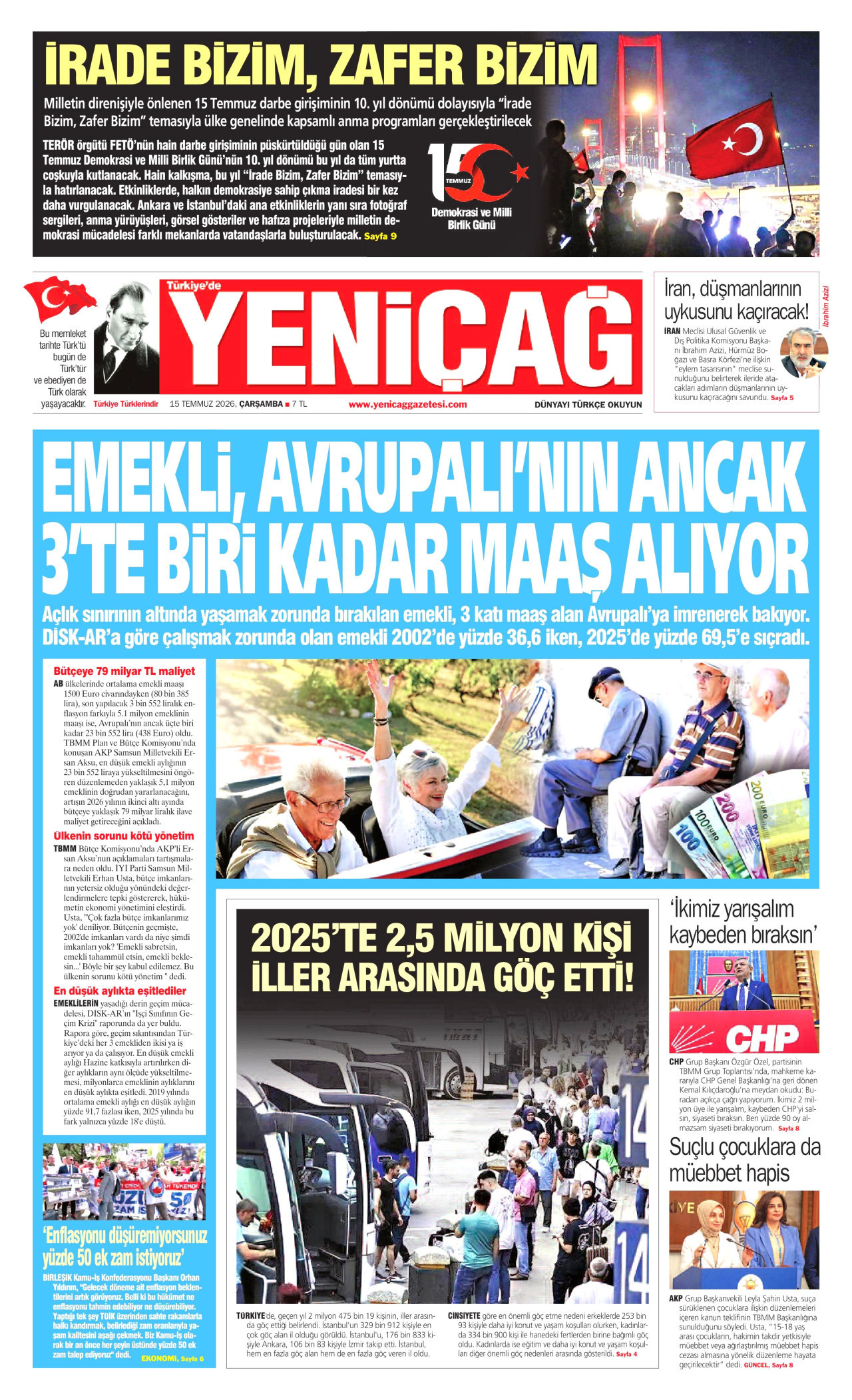 YENİÇAĞ gazetesinin 15 Temmuz 2026 tarihli birinci sayfası