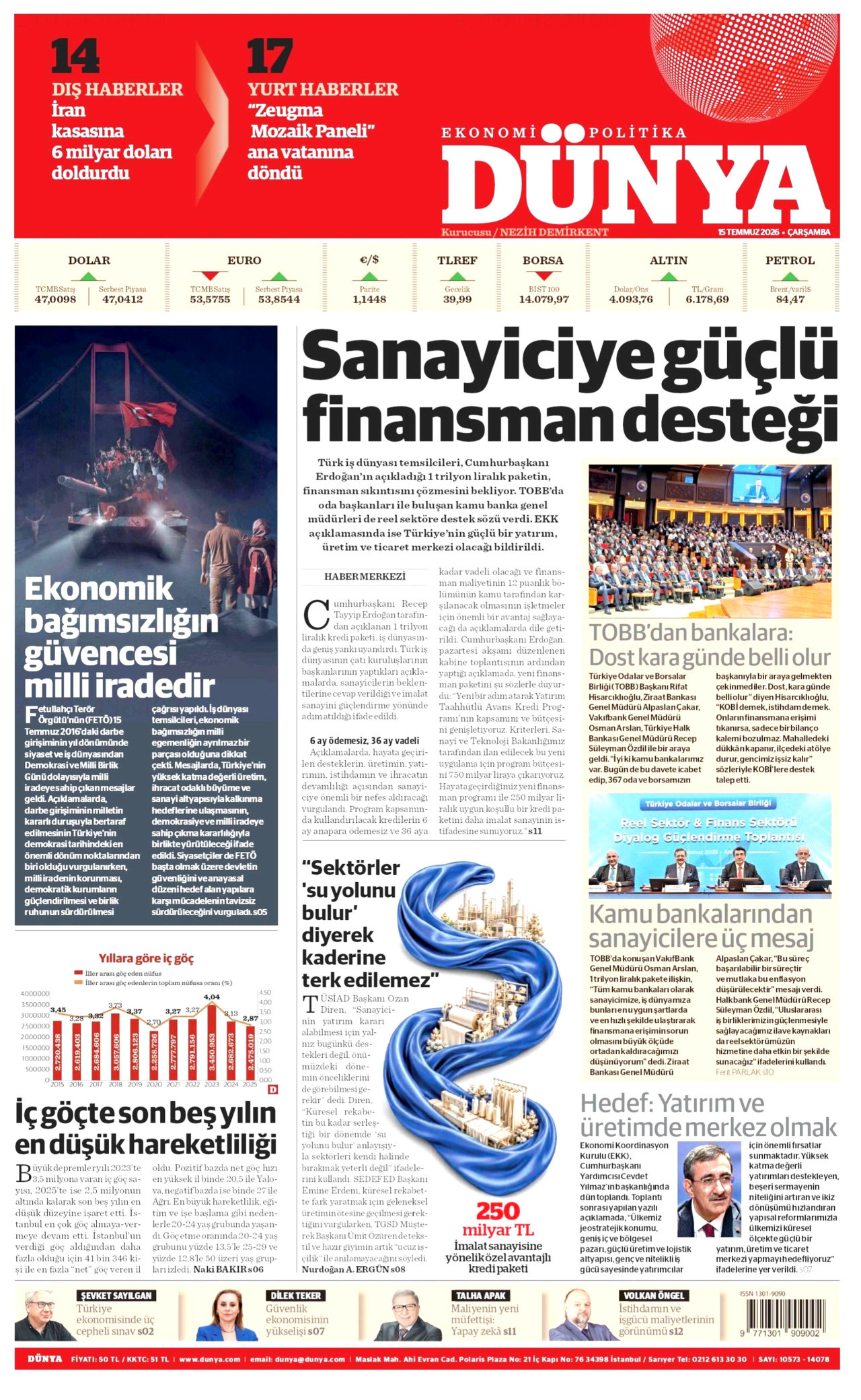 DÜNYA gazetesinin 15 Temmuz 2026 tarihli birinci sayfası