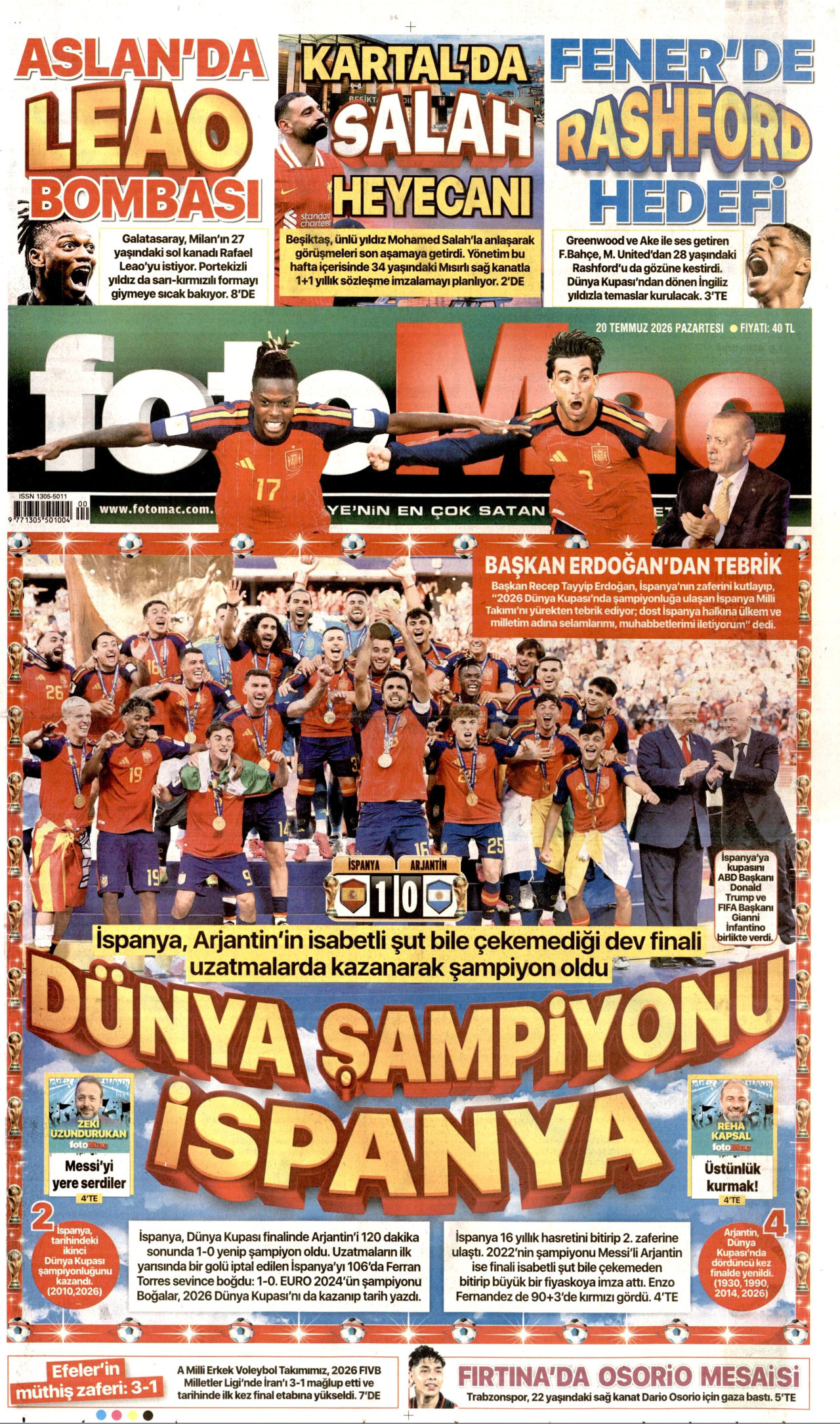 FOTOMAÇ gazetesinin 20 Temmuz 2026 tarihli birinci sayfası