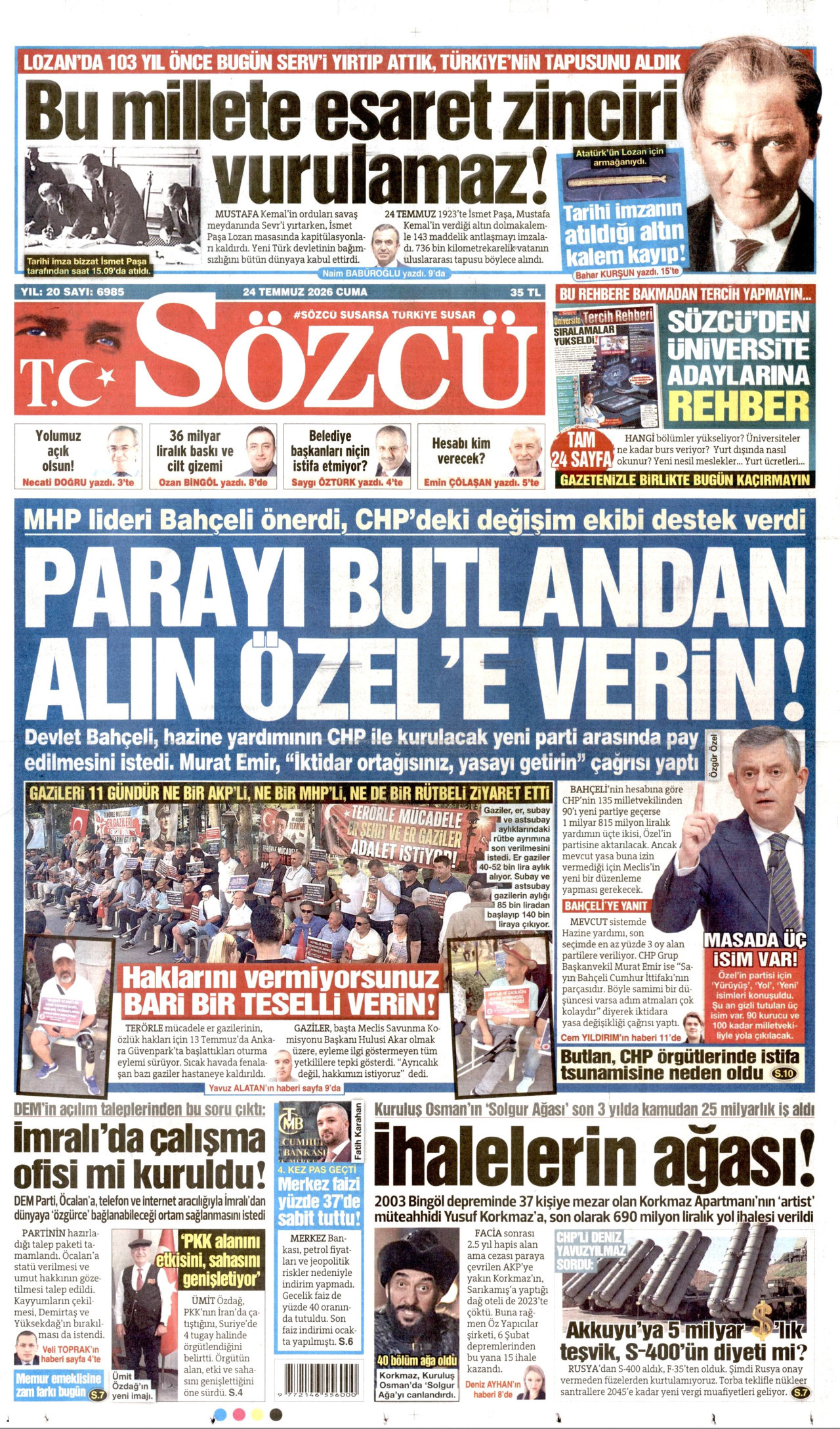 SÖZCÜ gazetesinin 24 Temmuz 2026 tarihli birinci sayfası