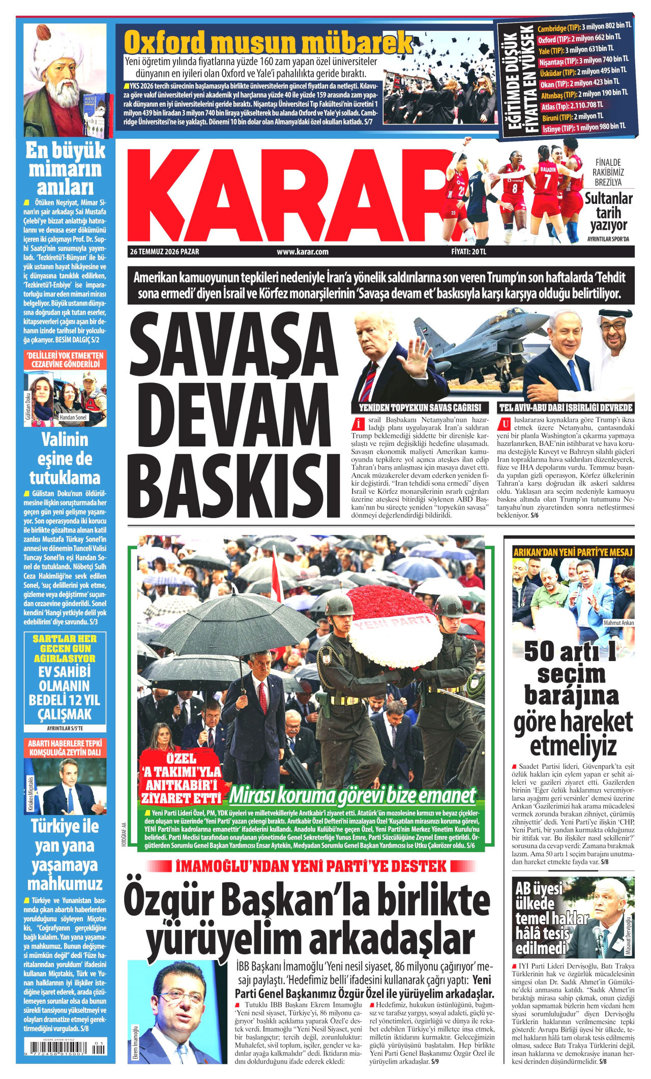 KARAR gazetesinin 26 Temmuz 2026 tarihli birinci sayfası
