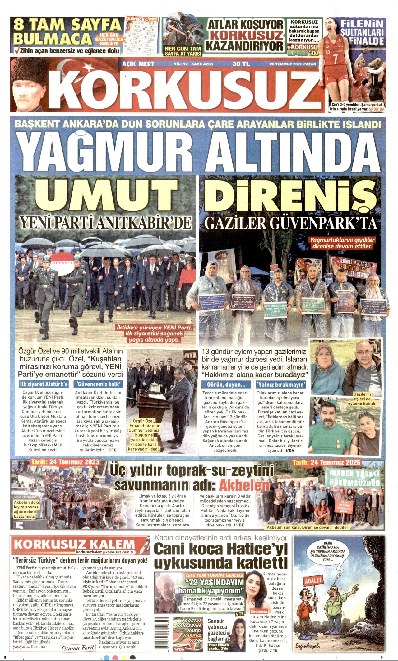 KORKUSUZ gazetesinin 26 Temmuz 2026 tarihli birinci sayfası