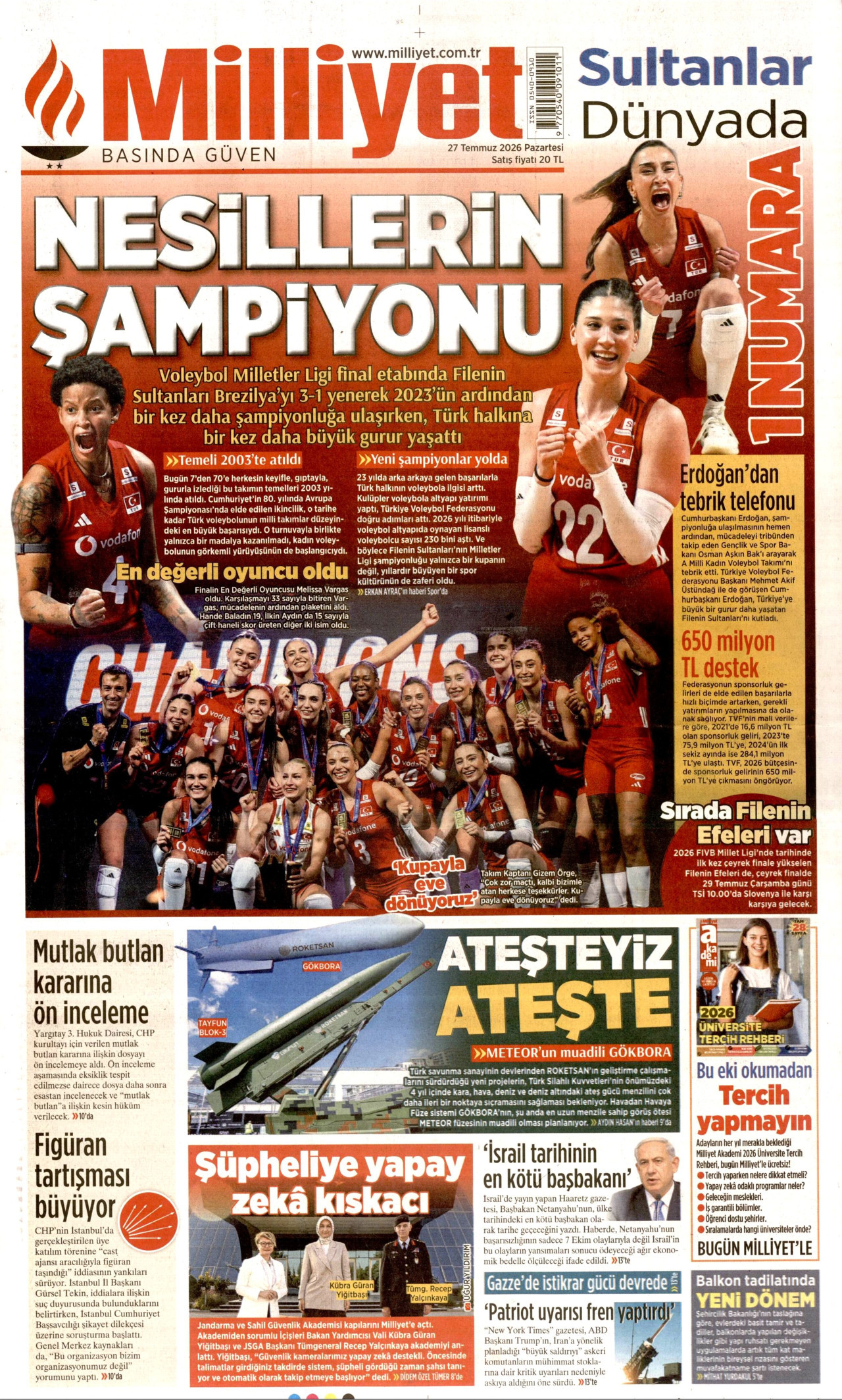 MİLLİYET gazetesinin 27 Temmuz 2026 tarihli birinci sayfası