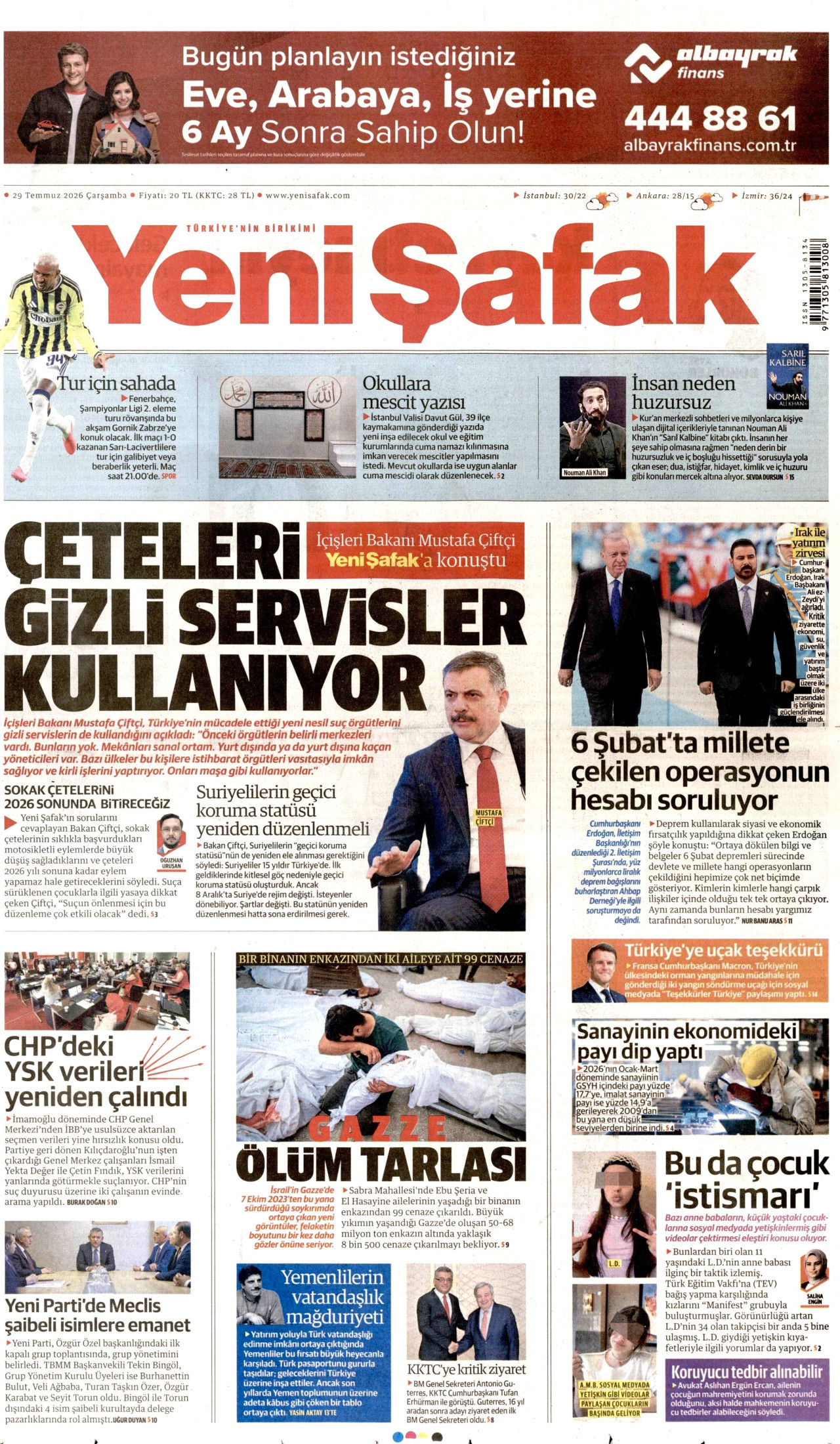 YENİ ŞAFAK gazetesinin 29 Temmuz 2026 tarihli birinci sayfası