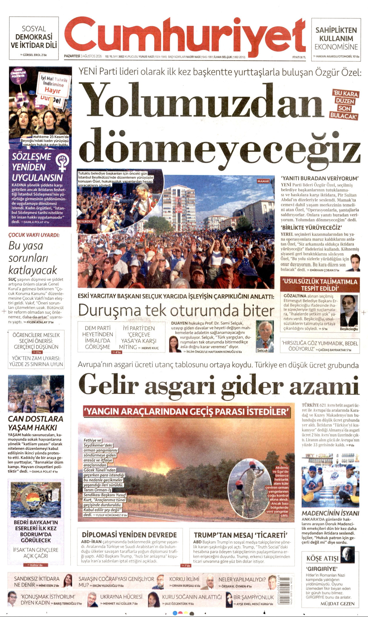 CUMHURİYET gazetesinin 3 Ağustos 2026 tarihli birinci sayfası