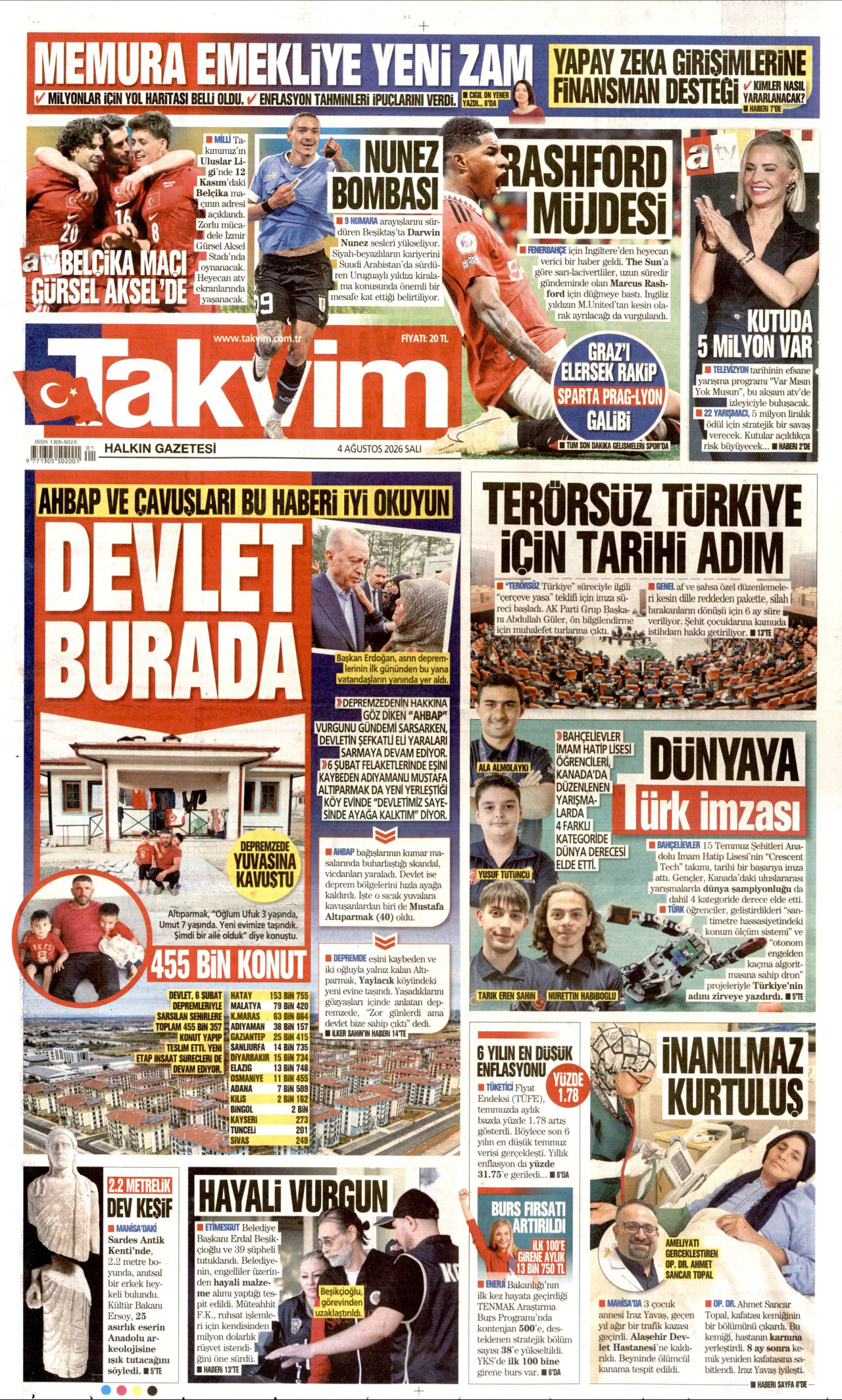 TAKVİM gazetesinin 4 Ağustos 2026 tarihli birinci sayfası