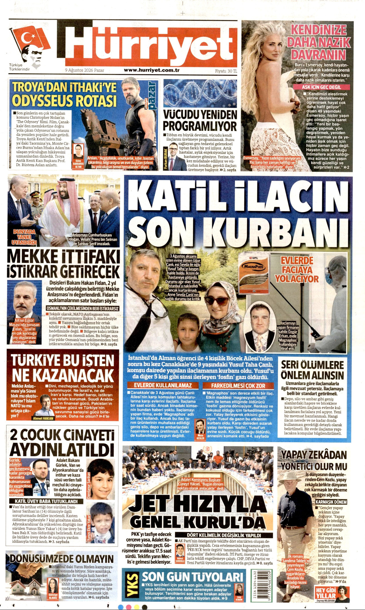 HÜRRİYET gazetesinin 9 Ağustos 2026 tarihli birinci sayfası