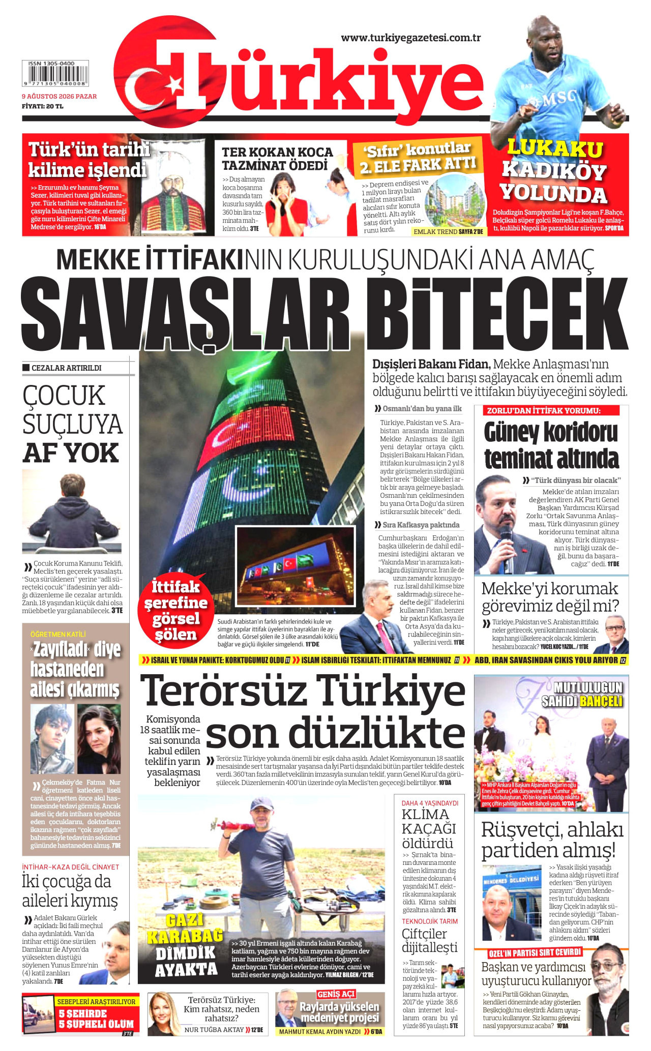 TÜRKİYE GAZETESİ gazetesinin 9 Ağustos 2026 tarihli birinci sayfası