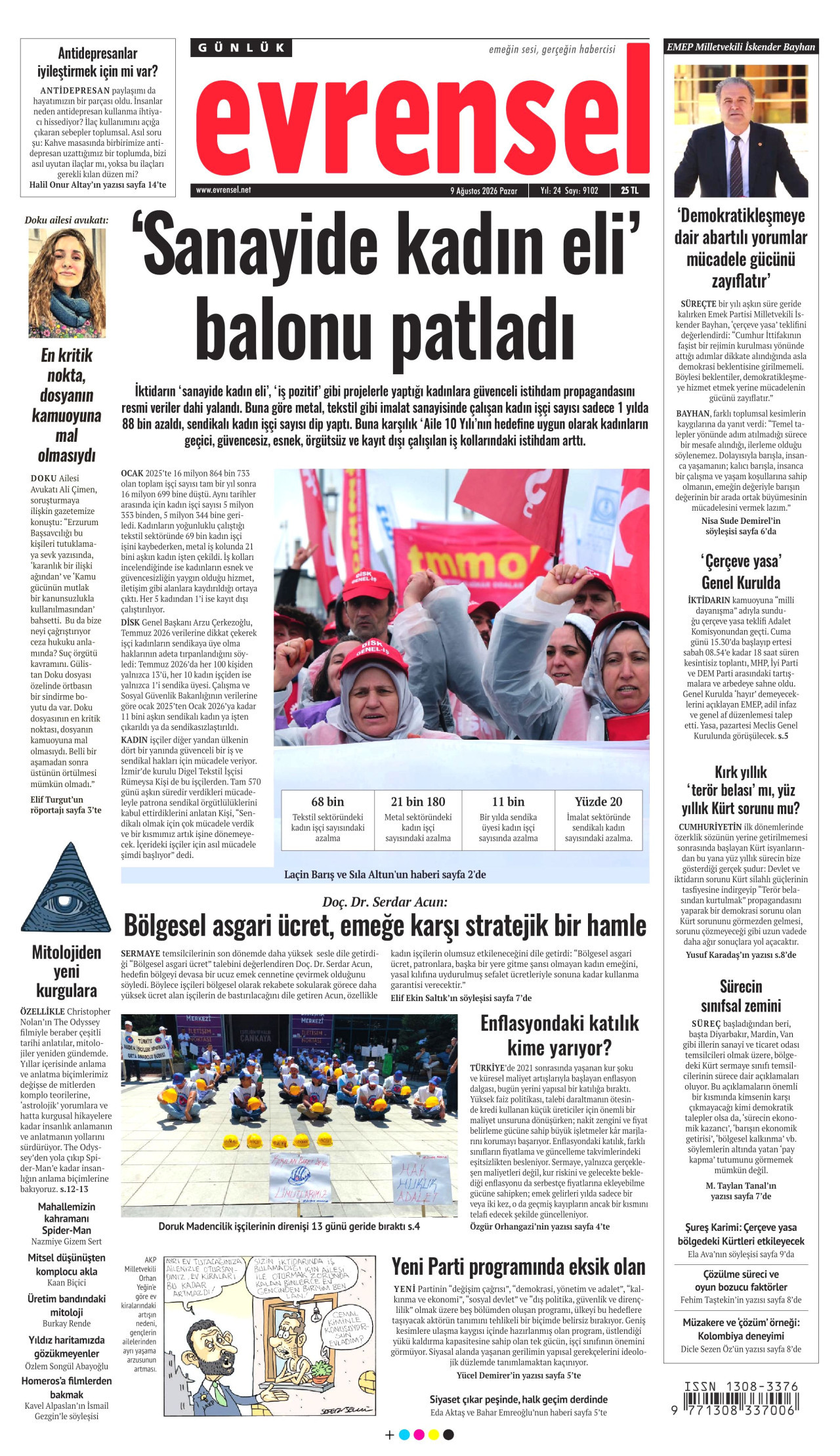 EVRENSEL gazetesinin 9 Ağustos 2026 tarihli birinci sayfası