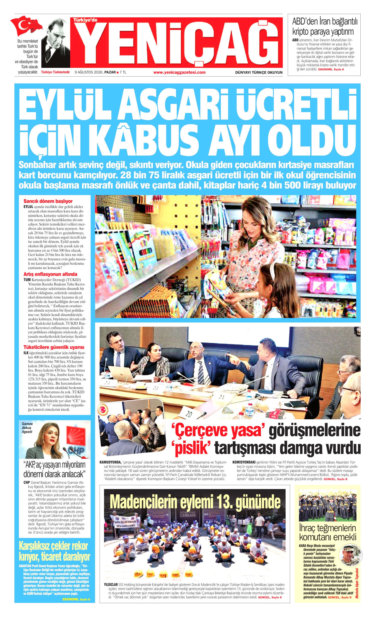 YENİÇAĞ gazetesinin 9 Ağustos 2026 tarihli birinci sayfası