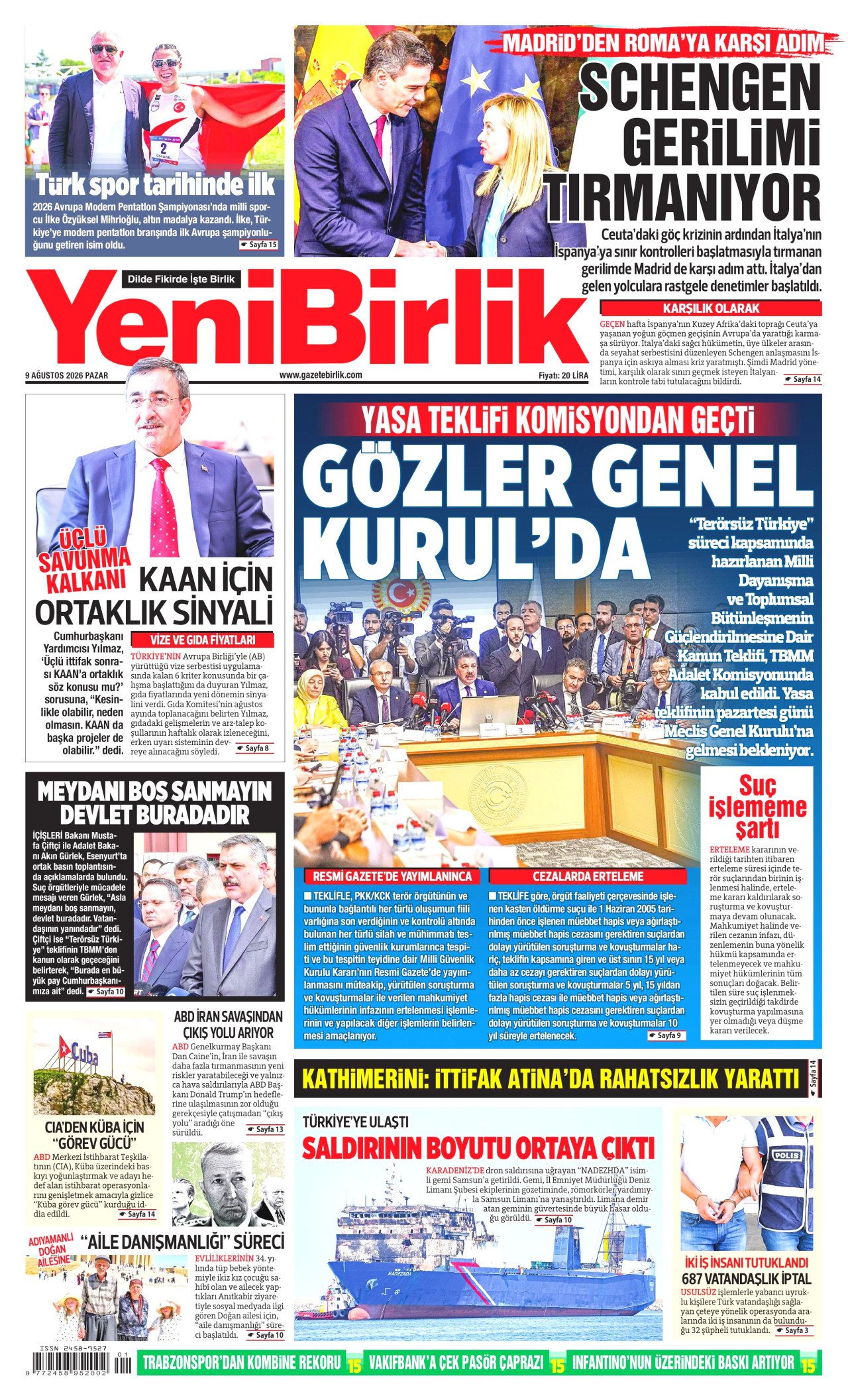 YENİBİRLİK gazetesinin 9 Ağustos 2026 tarihli birinci sayfası