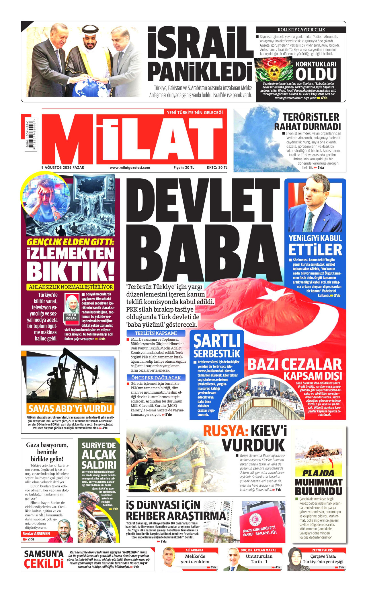 MİLAT gazetesinin 9 Ağustos 2026 tarihli birinci sayfası