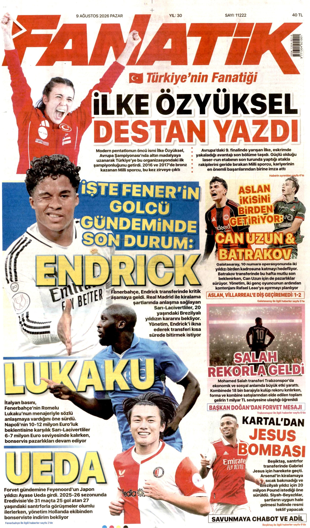 FANATİK gazetesinin 9 Ağustos 2026 tarihli birinci sayfası