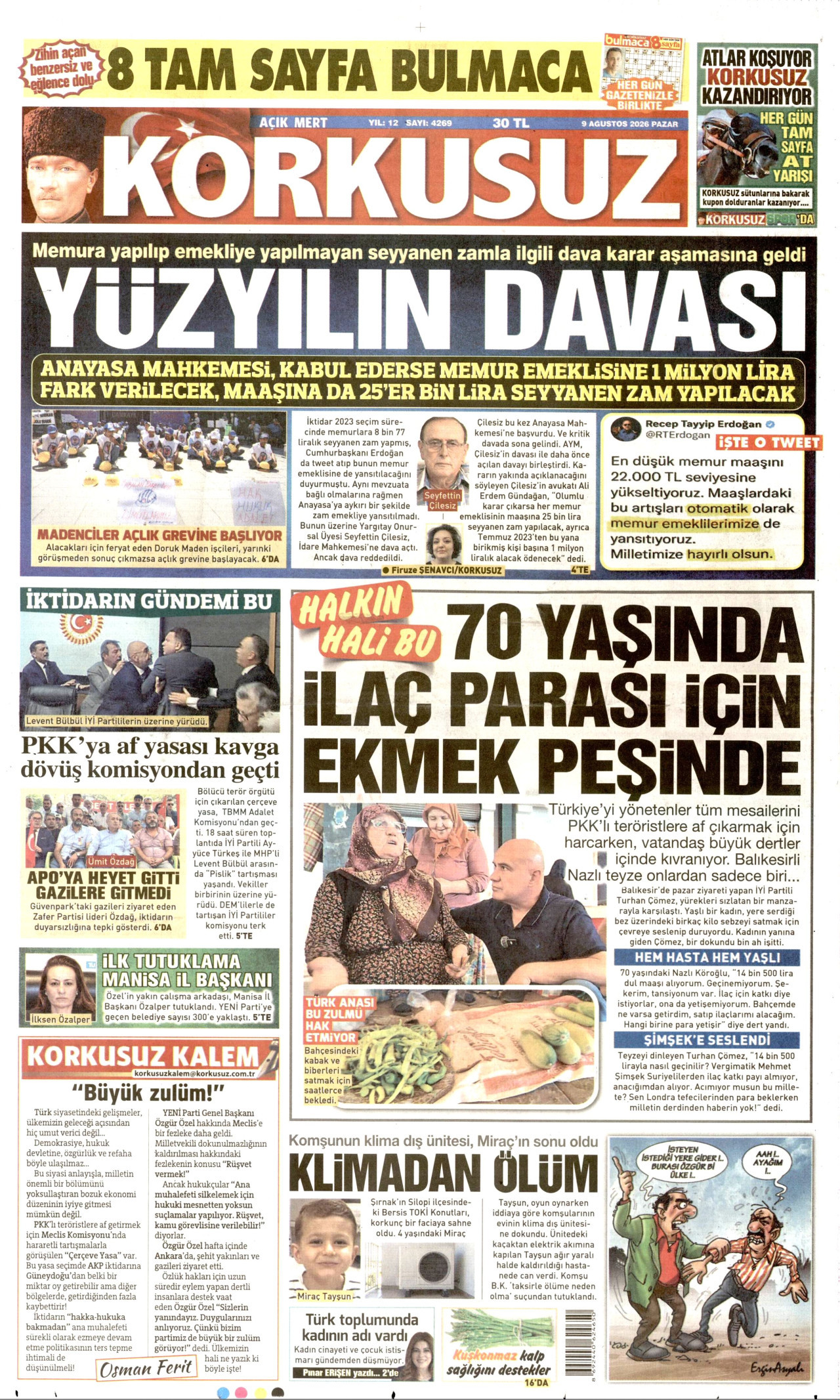 KORKUSUZ gazetesinin 9 Ağustos 2026 tarihli birinci sayfası