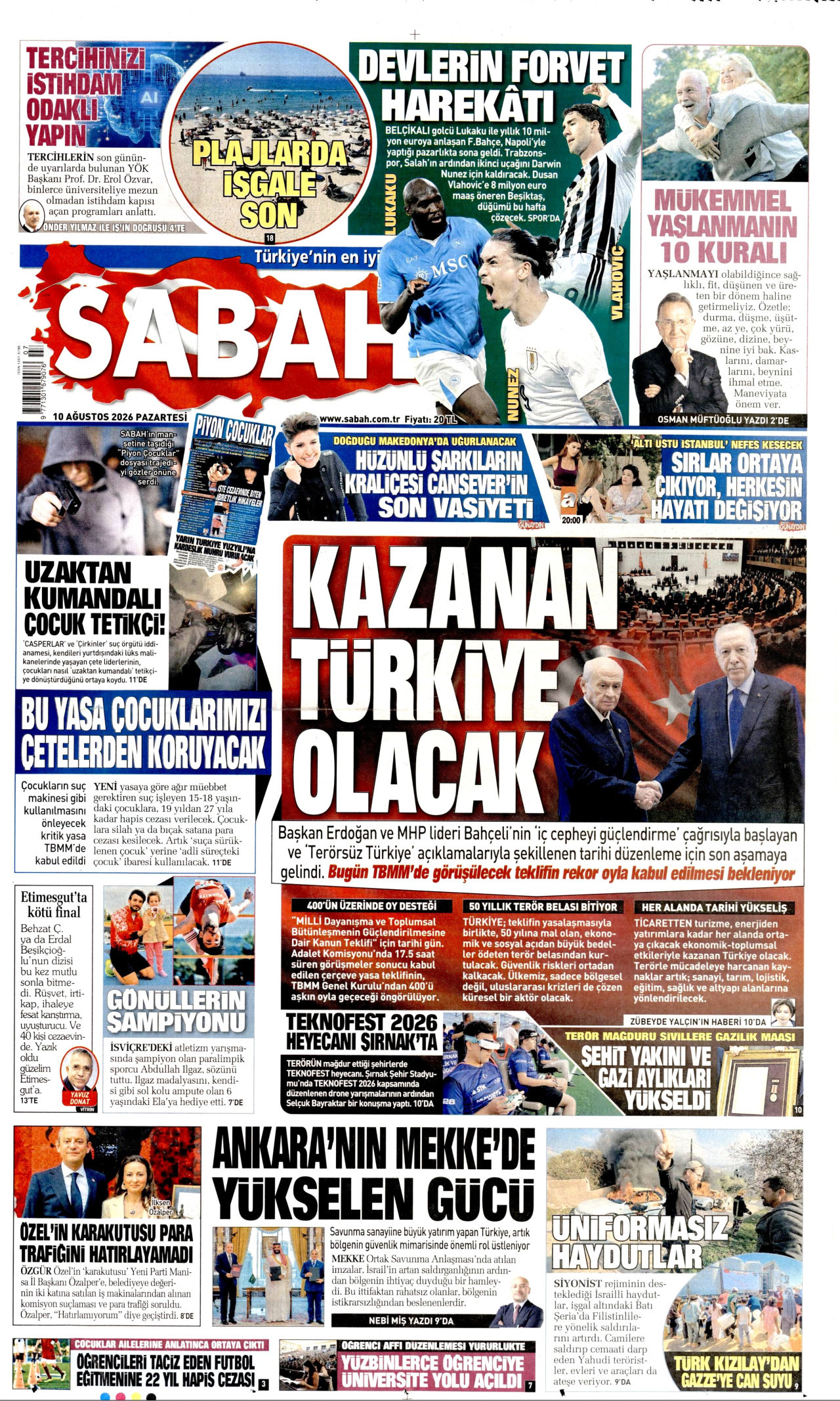 SABAH gazetesinin 10 Ağustos 2026 tarihli birinci sayfası