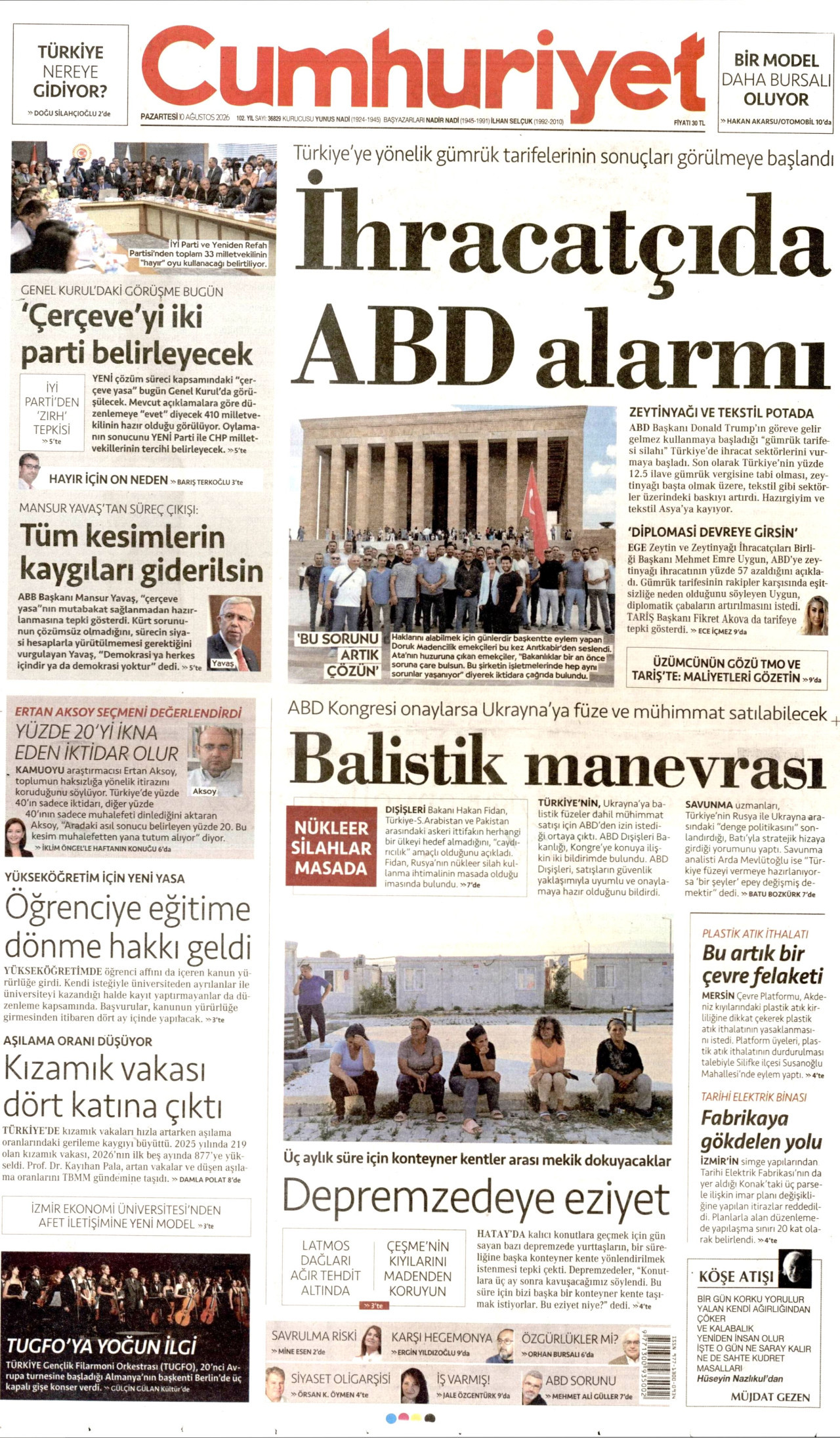 CUMHURİYET gazetesinin 10 Ağustos 2026 tarihli birinci sayfası