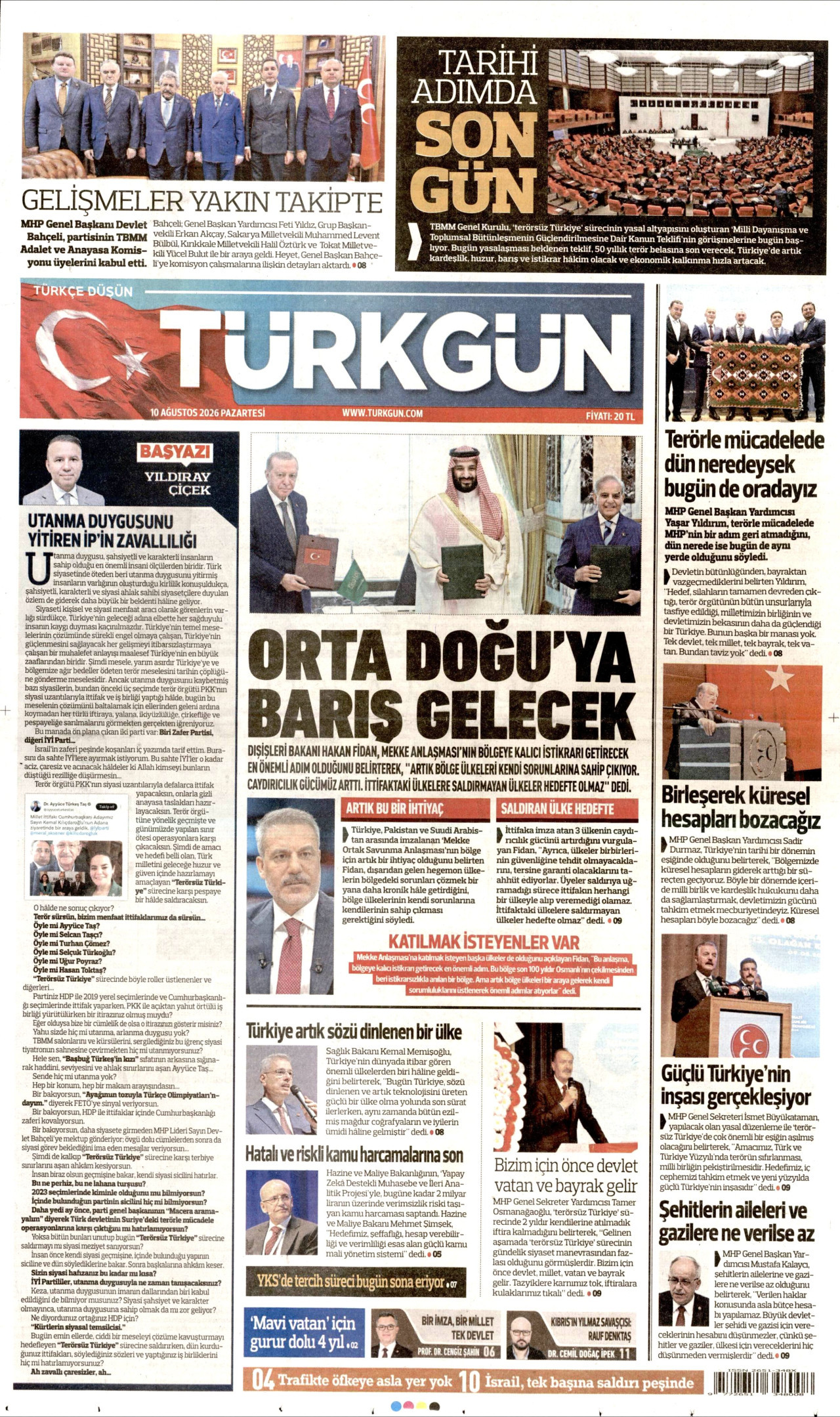 TÜRKGÜN gazetesinin 10 Ağustos 2026 tarihli birinci sayfası