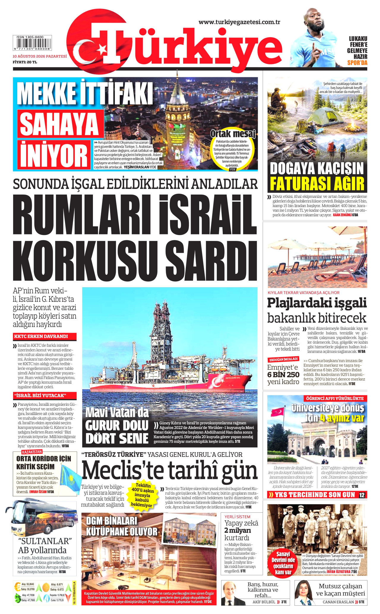 TÜRKİYE GAZETESİ gazetesinin 10 Ağustos 2026 tarihli birinci sayfası