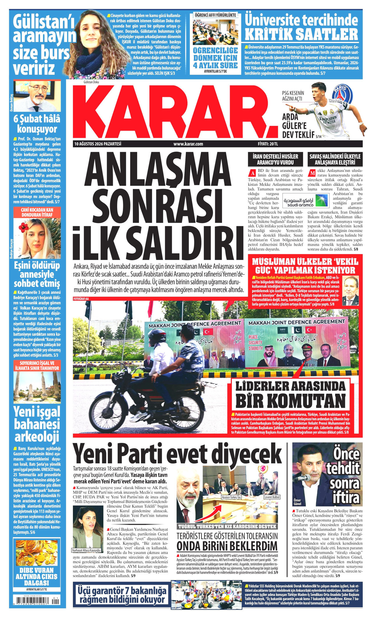 KARAR gazetesinin 10 Ağustos 2026 tarihli birinci sayfası
