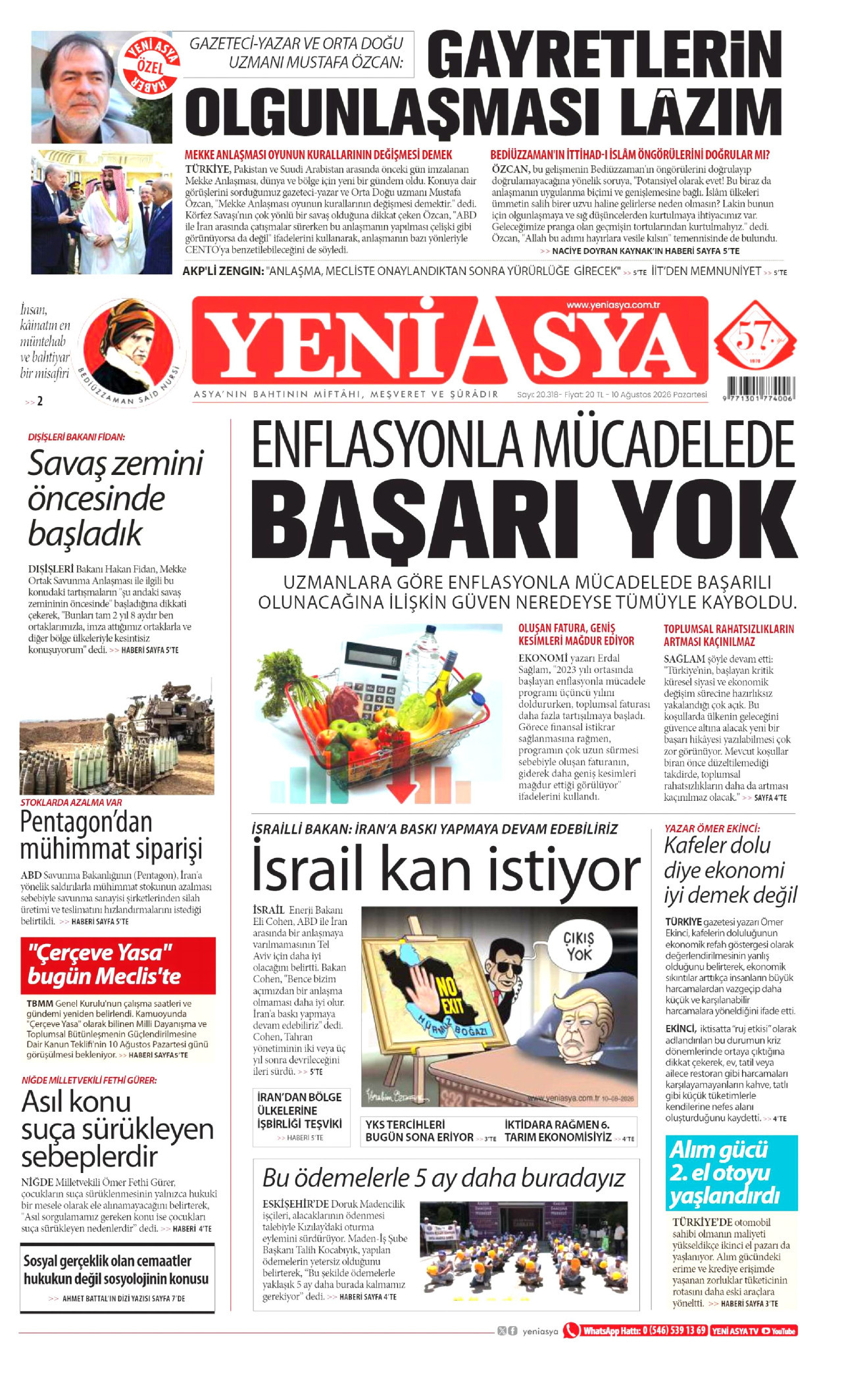 YENİ ASYA gazetesinin 10 Ağustos 2026 tarihli birinci sayfası
