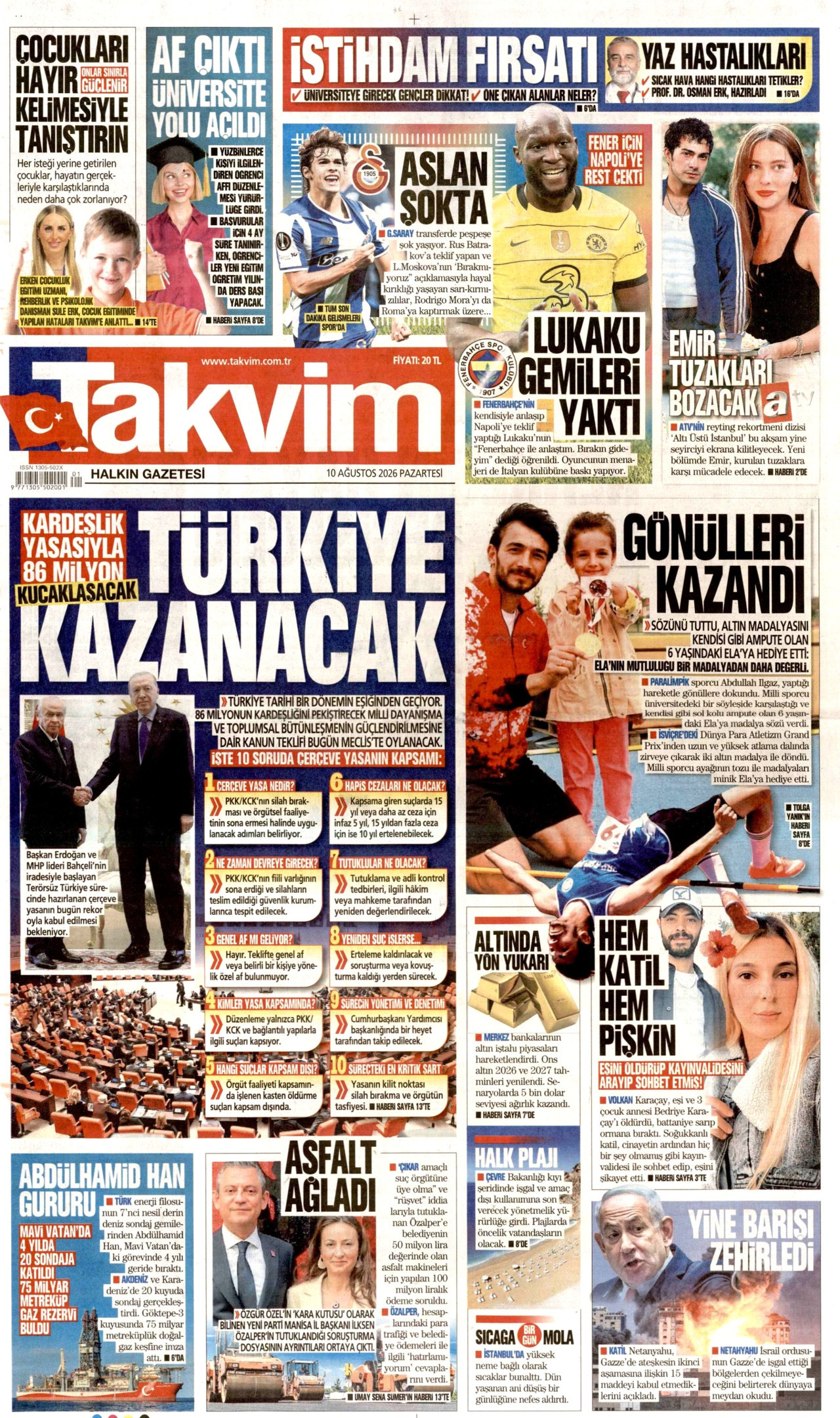 TAKVİM gazetesinin 10 Ağustos 2026 tarihli birinci sayfası