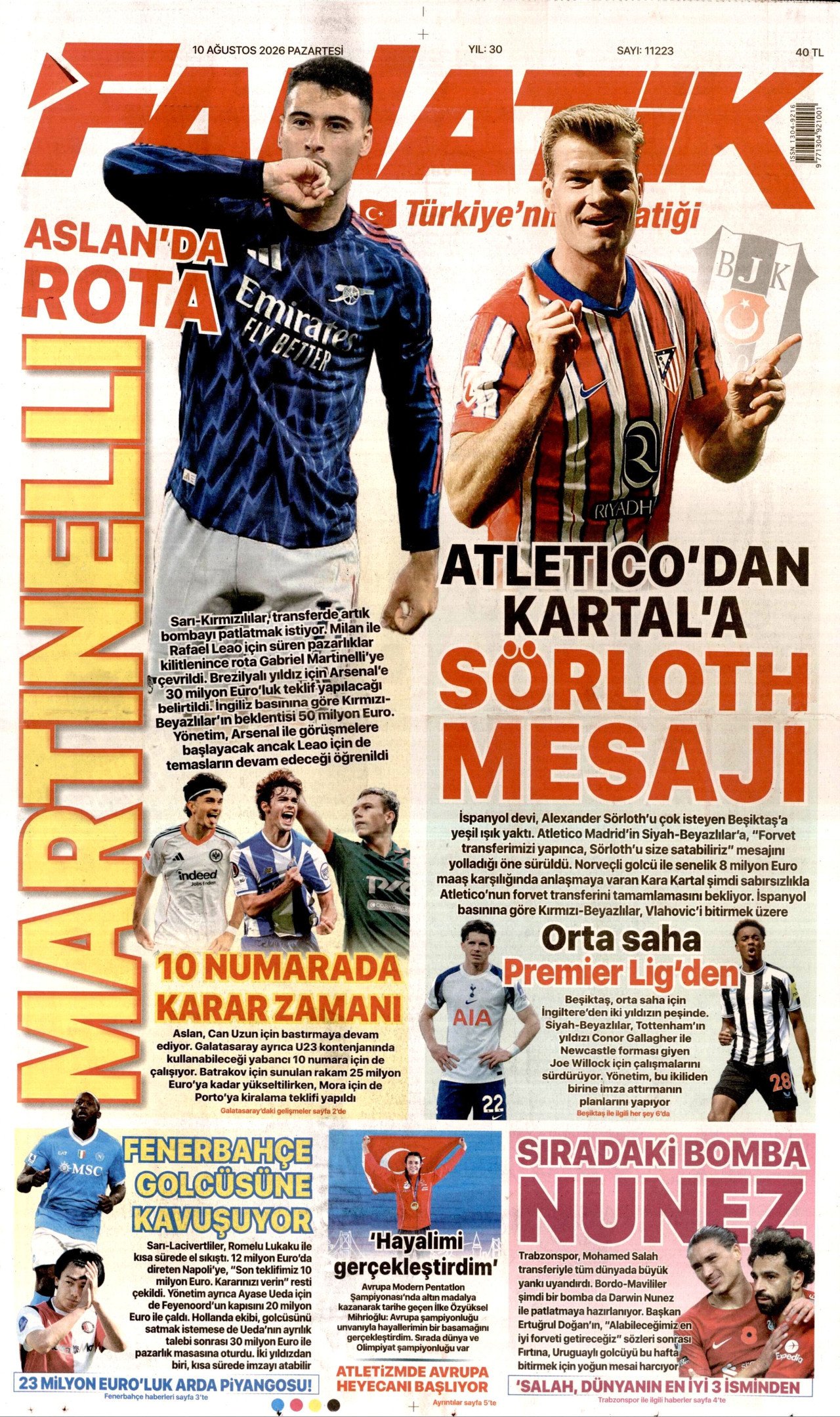 FANATİK gazetesinin 10 Ağustos 2026 tarihli birinci sayfası