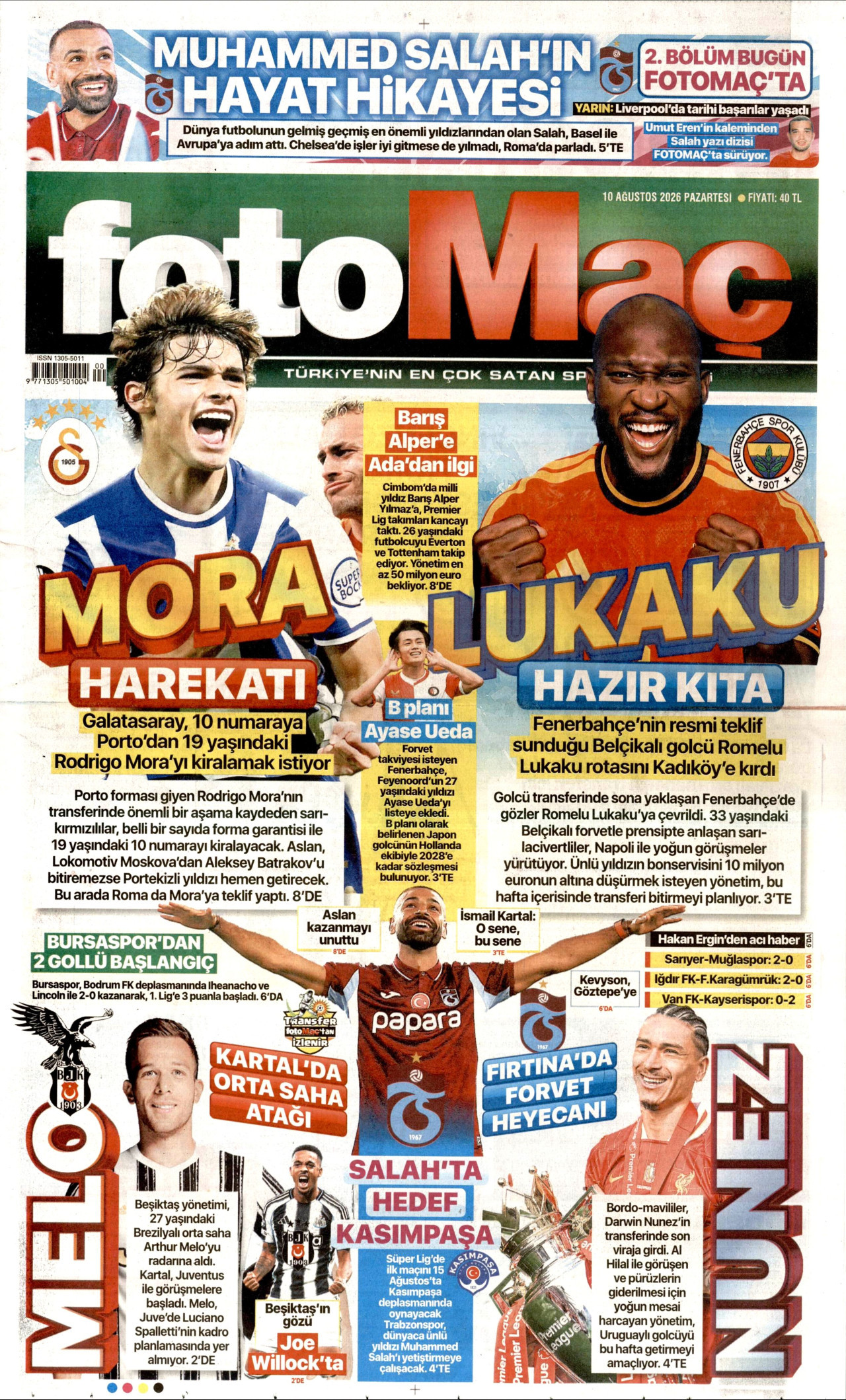 FOTOMAÇ gazetesinin 10 Ağustos 2026 tarihli birinci sayfası