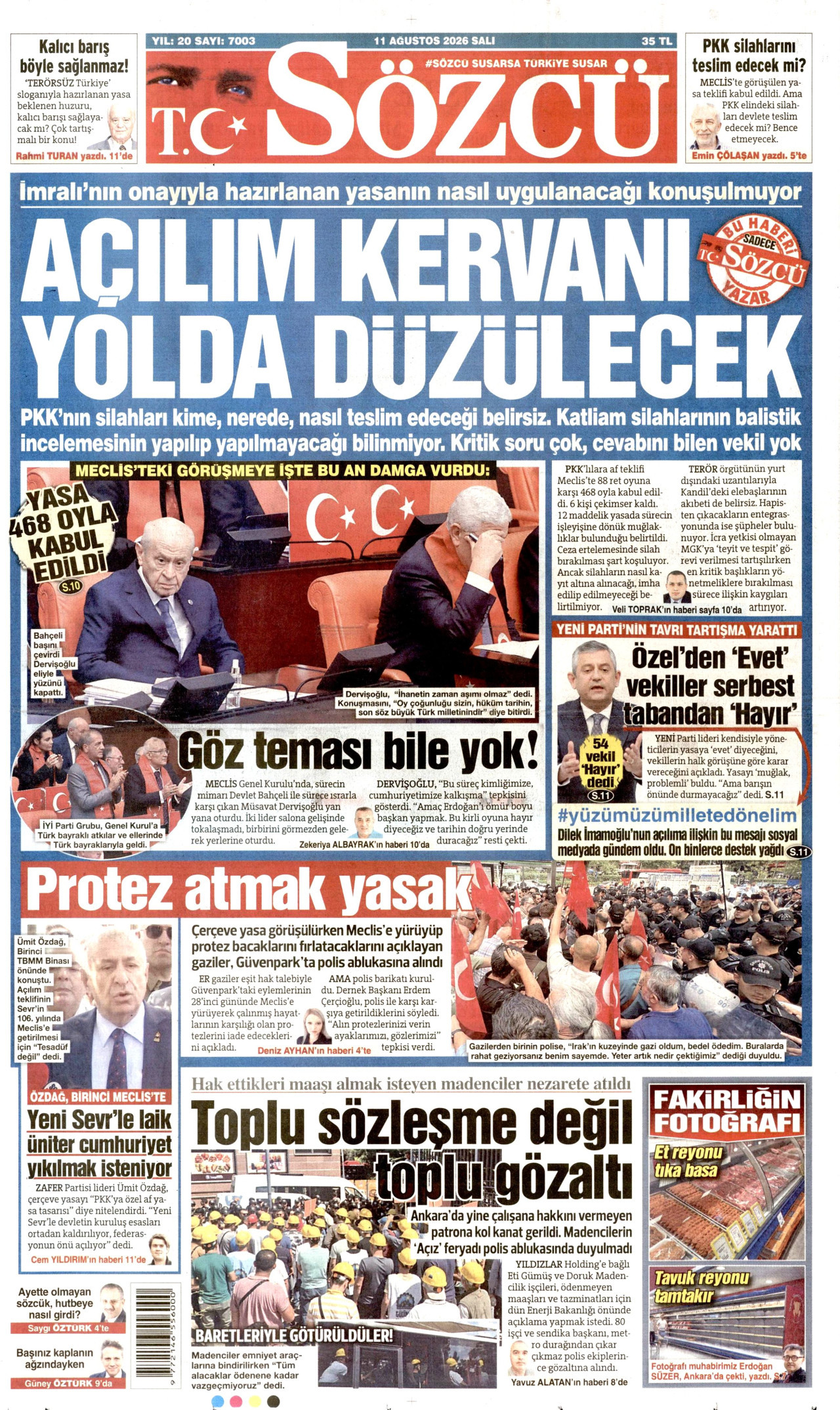 SÖZCÜ gazetesinin 11 Ağustos 2026 tarihli birinci sayfası